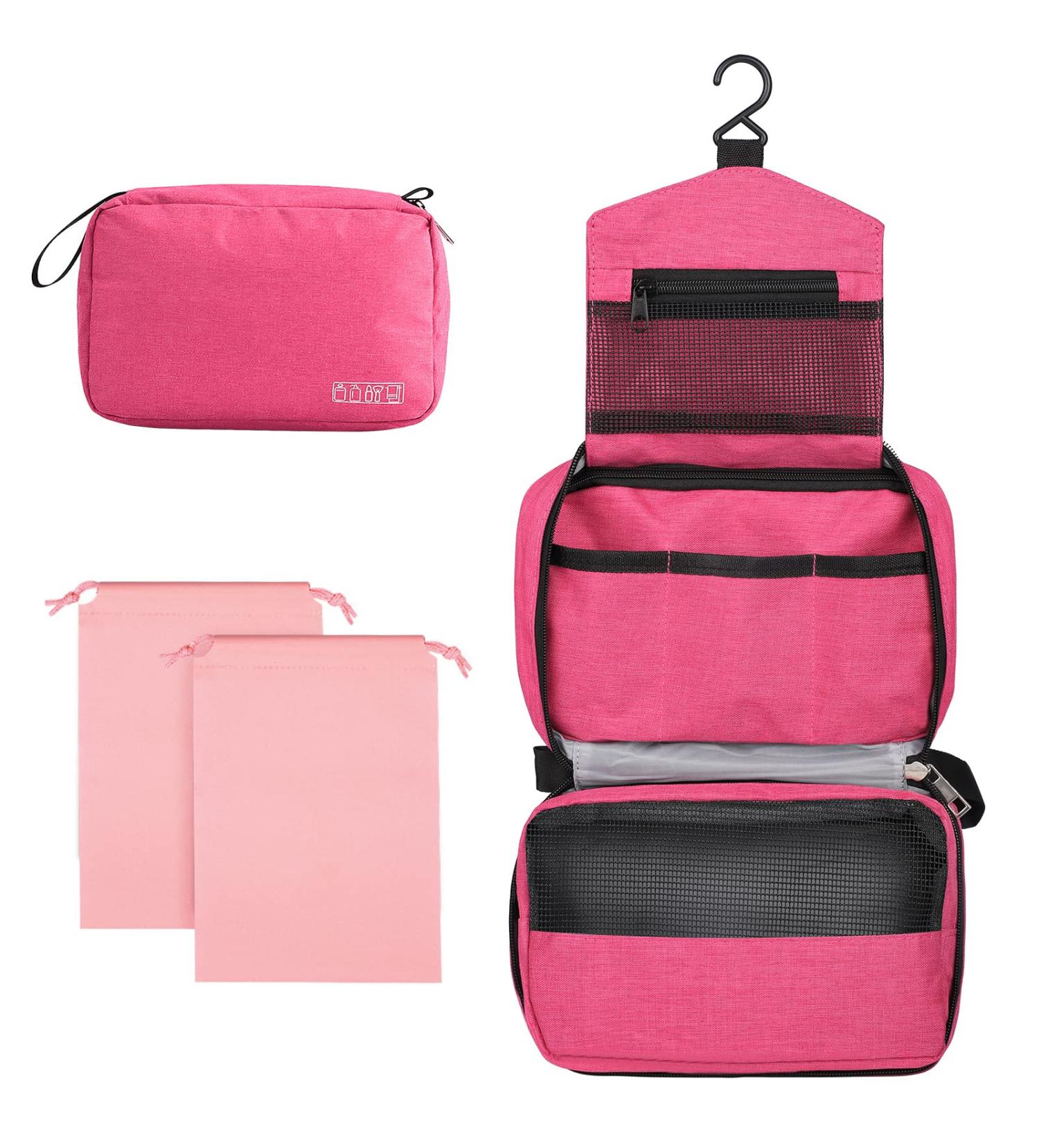 Cooja Hanging Toiletry Bag for Women with Hook & Handle - 1 Makeup Toilet Bag + 2 Drawstring Bags, Rose Red - Buy Online on GoSupps.com