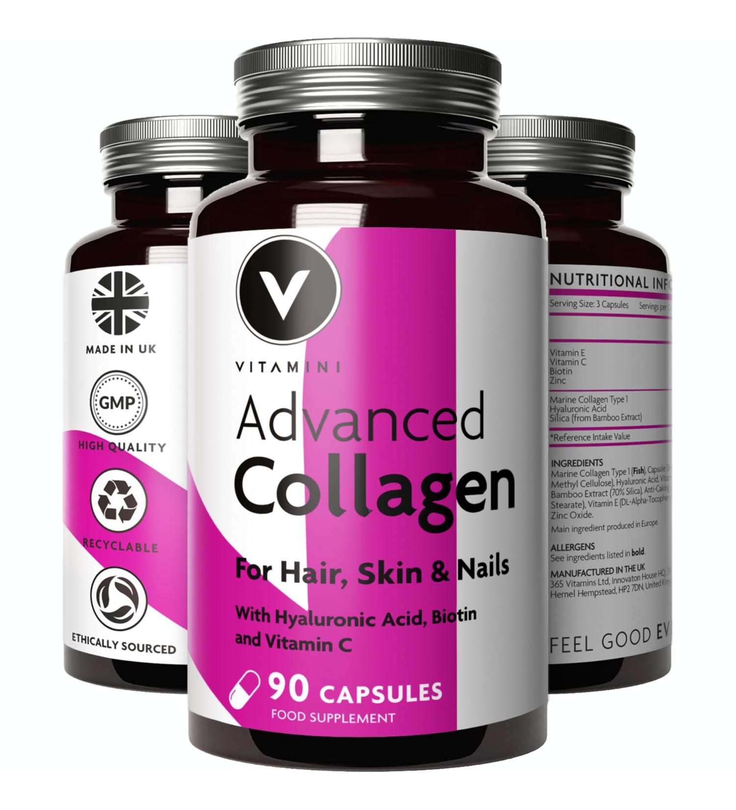 Premium Collagen Supplements for Women - Marine Collagen with Hyaluronic Acid, Biotin, Vitamin C & E - 90 Capsules - UK Made - Buy Online on GoSupps.com