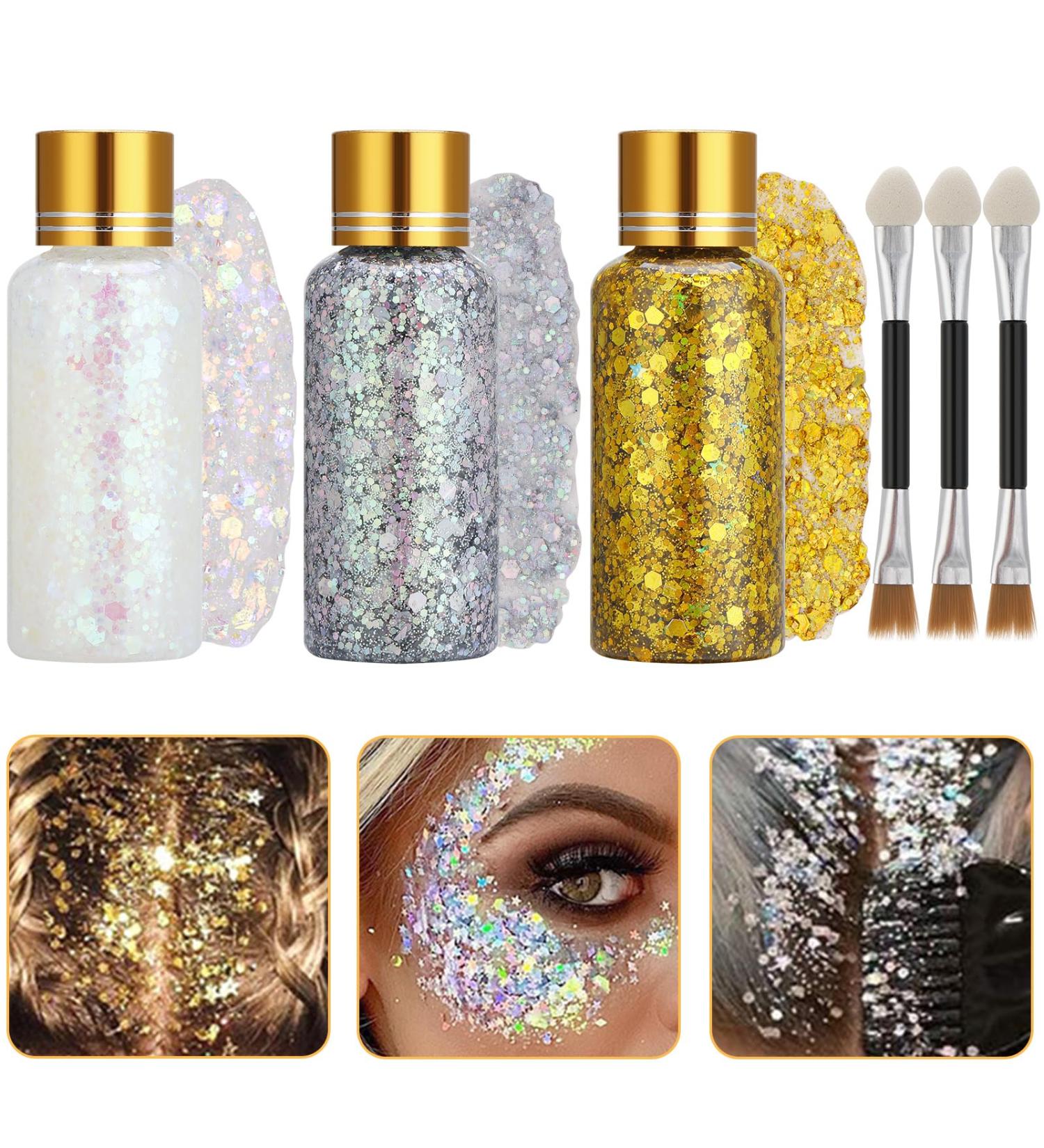 3Pcs Body Glitter Gel 50ml Face Glitters Mermaid Sequins Chunky Glitter Liquid Gel with 3 Brushes Holographic Sparkling Lotion Glitter Chunky Powder Gel for Body Face Hair Eye Lip Nail DIY Art - Buy Online on GoSupps.com