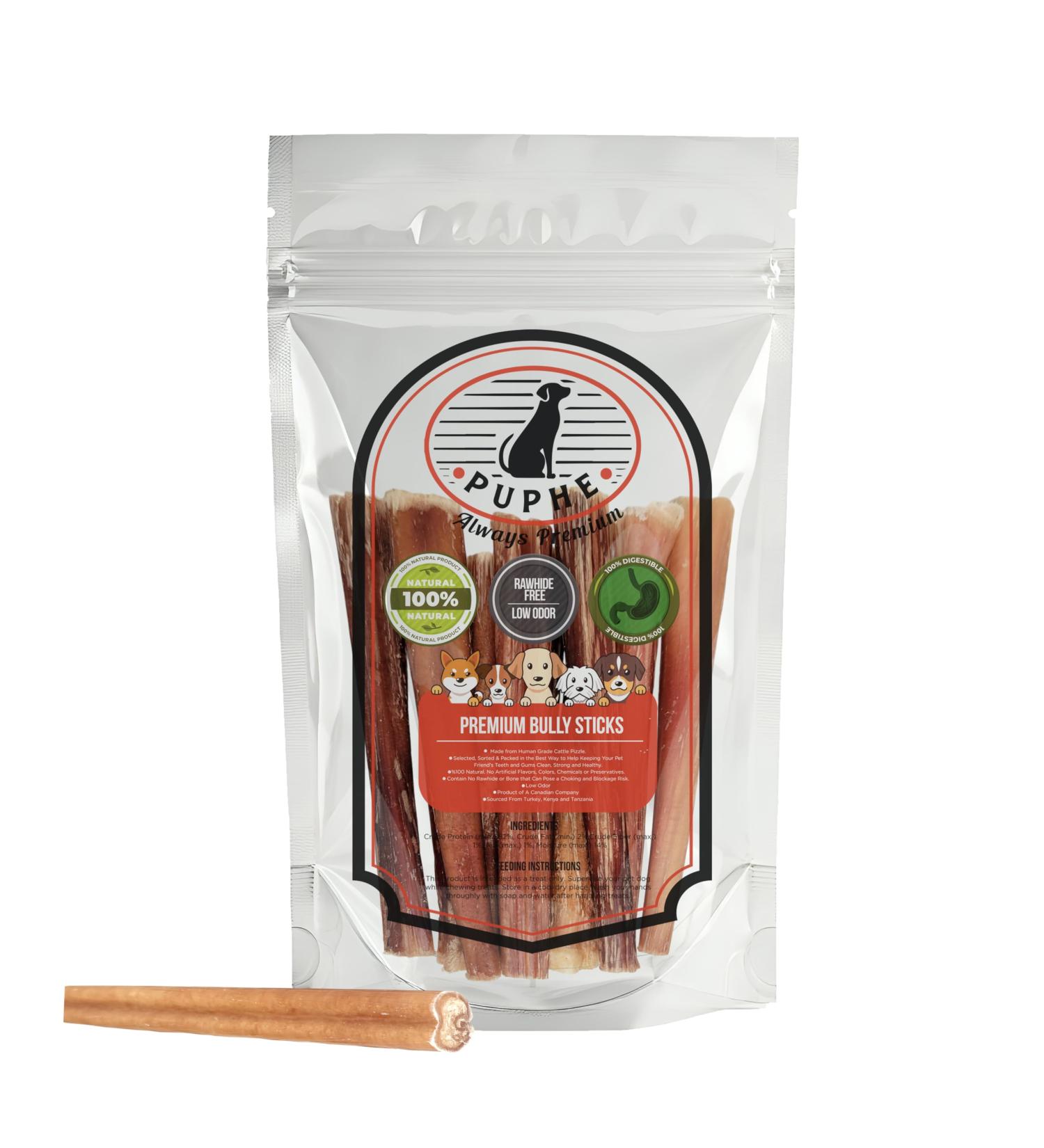 PUPHE - 6 Inch Natural Premium Long Lasting Bully Sticks for Dogs Low Odor One-Ingredient Fully Digestible %100 Beef Dog Chews for Dental Care (Standard 10 Pack) 6" Standard 10 Pack - Buy Online on GoSupps.com