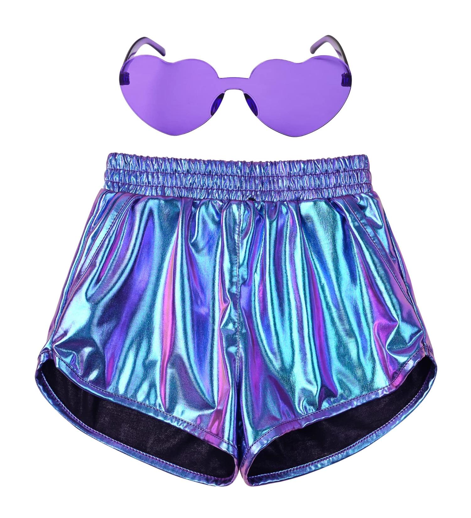 Perfashion Girls Metallic Shiny Hot Shorts & Sunglasses Set - Purple/Cyan (8-9 Years) - Buy Online on GoSupps.com