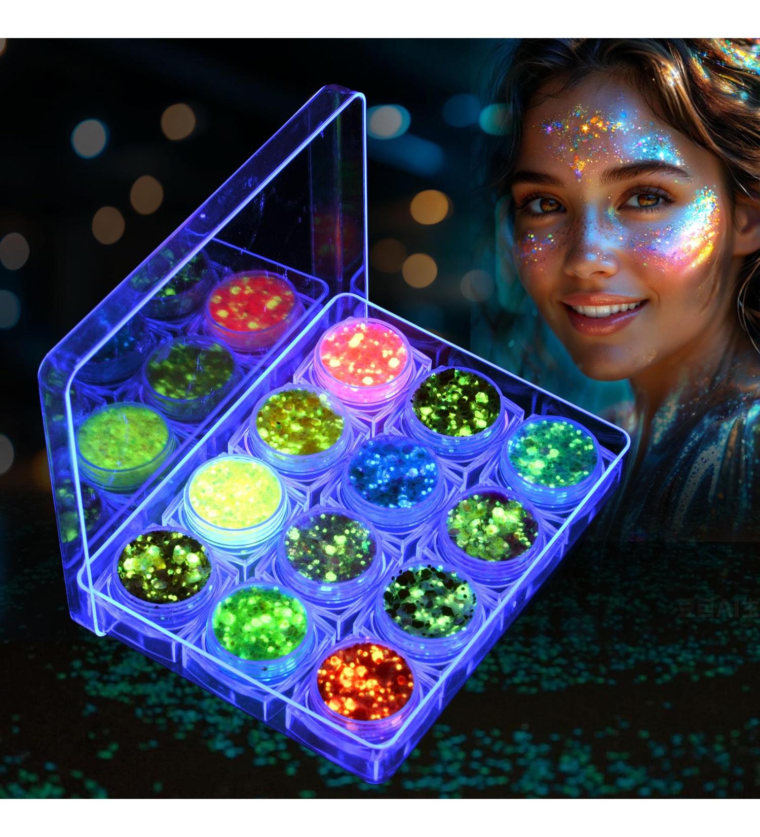  AOOWU Luminous glitter gel 12 brilliant colors for face body gel with glitter for face and body sticker luminous effect Carnival Glitter with box for party makeup (A) - Buy Online on GoSupps.com