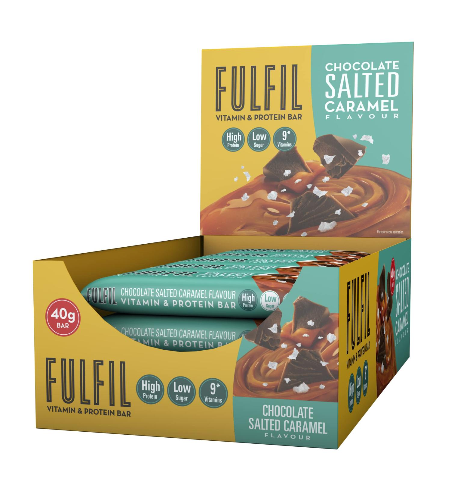 Fulfil Chocolate Salted Caramel Protein Bar - 15 x 40g Bars | High Protein, Low Sugar, 9 Vitamins - Buy Online on GoSupps.com