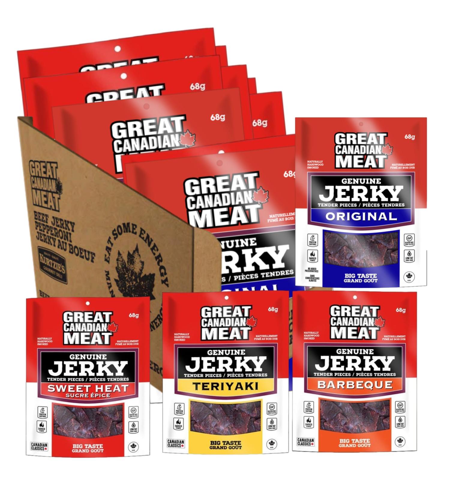 Variety Flavour Beef Jerky Bulk Box: Original BBQ Teriyaki Sweet Heat Beef Jerky Bundle 10 x 68g Bags by Great Canadian Meat Meat Snacks Bulk Beef Jerky Box For Carnivores. Perfect For Snacking Gluten Free High In Protein Low In Fat - Buy Online on GoSupps.com