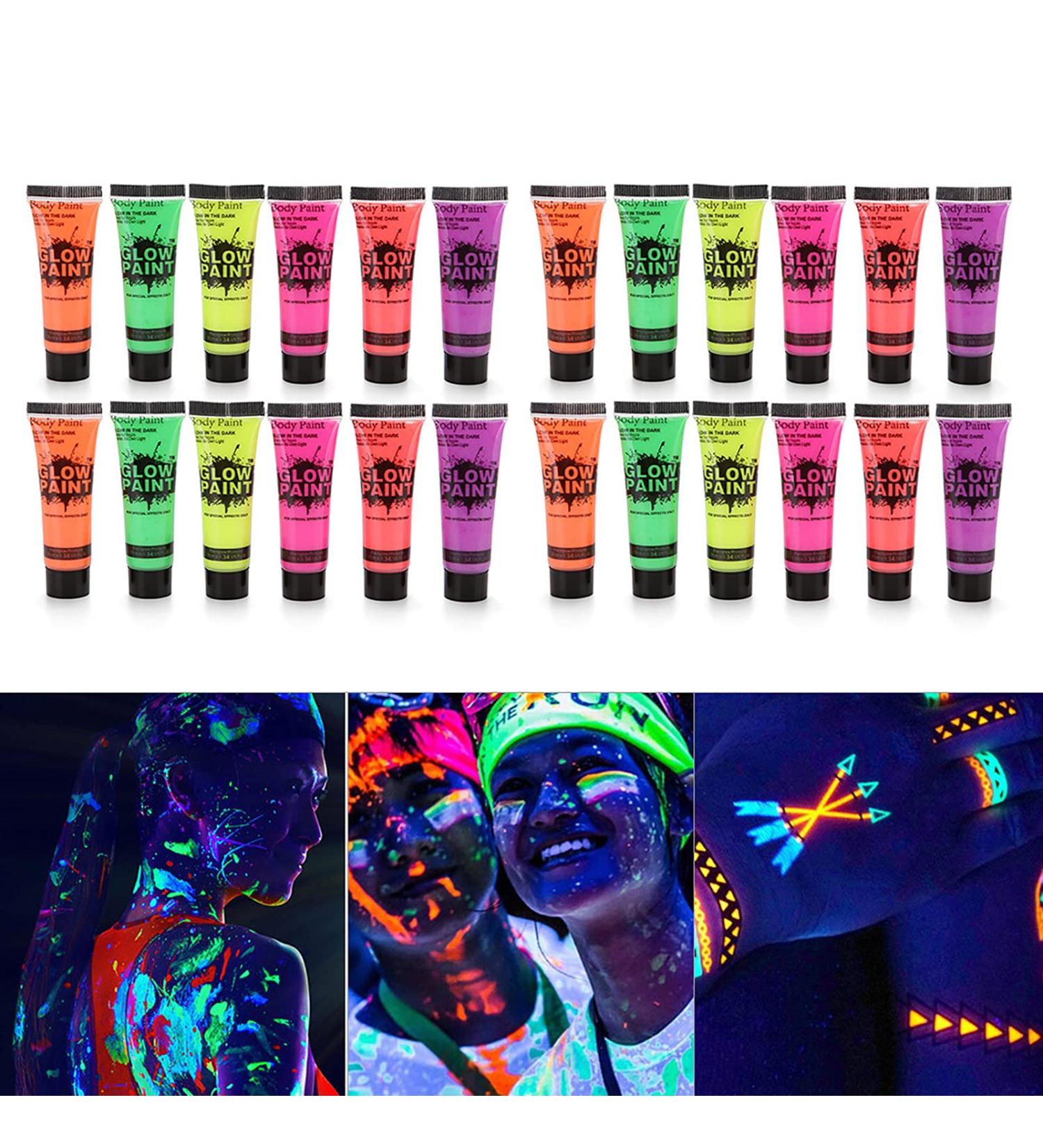 Karlak 24 Tubes 10ml/0.34oz Art Body Paint Glow in Light Face & Body Paint with 6 Colours Glow Blacklight Neon Fluorescent for Party Clubbing Festival Halloween Makeup - Buy Online on GoSupps.com