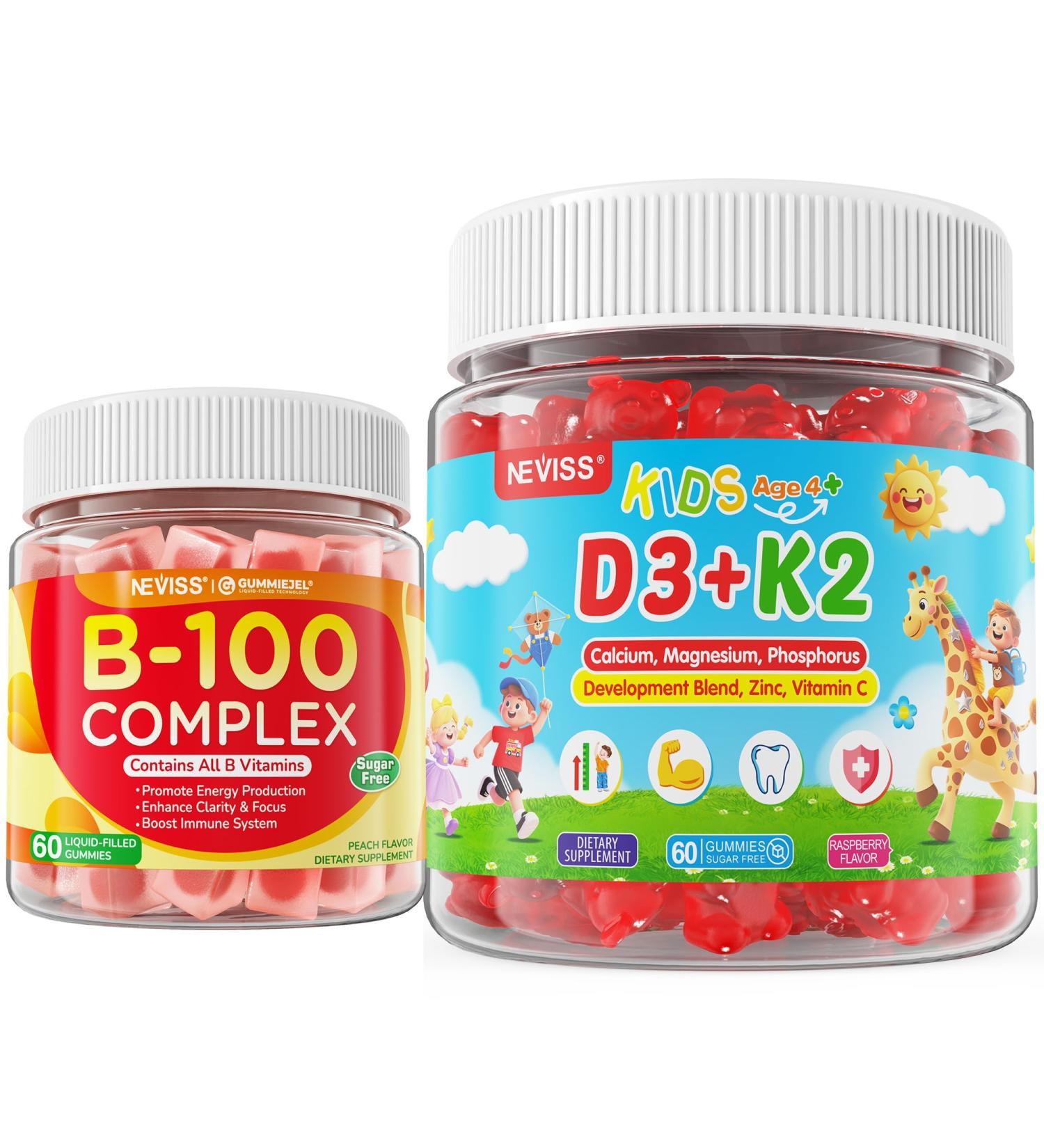 NEVISS Kids Vitamin D3 K2 Gummies 2 Pack + Super Vitamin B Complex Gummies 1 Pack - Buy Online on GoSupps.com