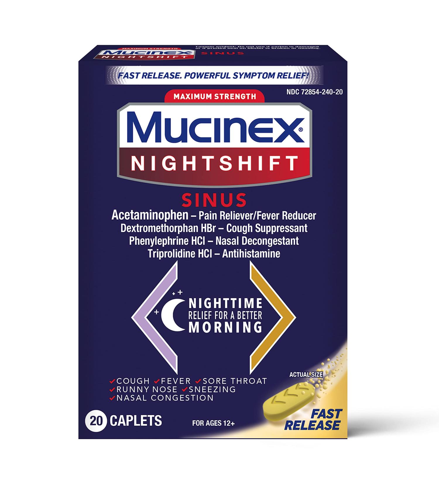 Green Hills MUCINEX Nightshift Sinus Caplets - 24/20 ct. - Fast Relief for Sinus Congestion & Cold Symptoms - Buy Online on GoSupps.com