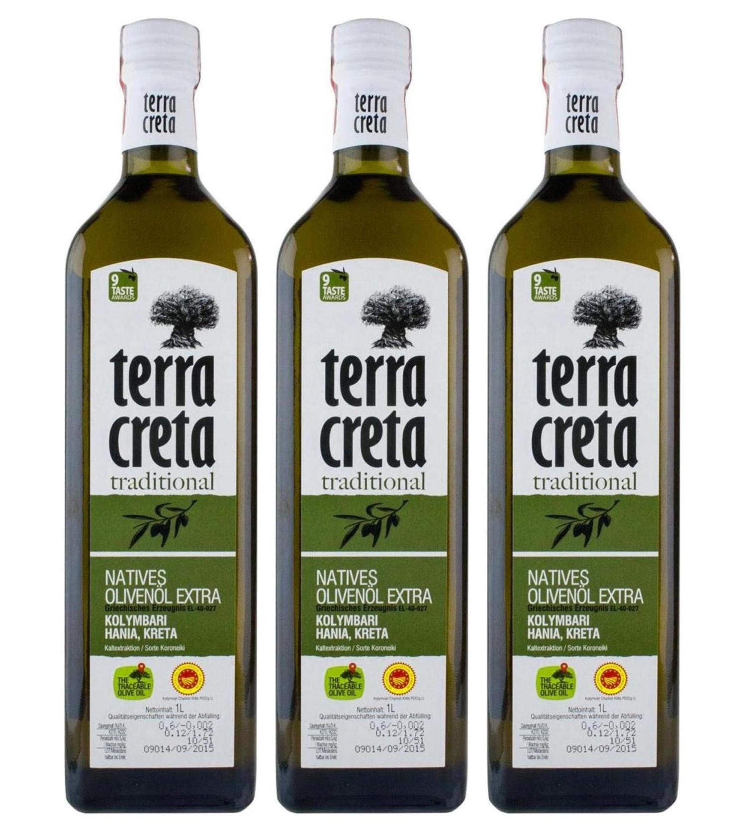 Buy Terra Creta PDO Kolymvari Extra Virgin Olive Oil 3x 1.0L | Premium Olive Oil from Crete + Free 20ml Jassas Olive Oil - Buy Online on GoSupps.com