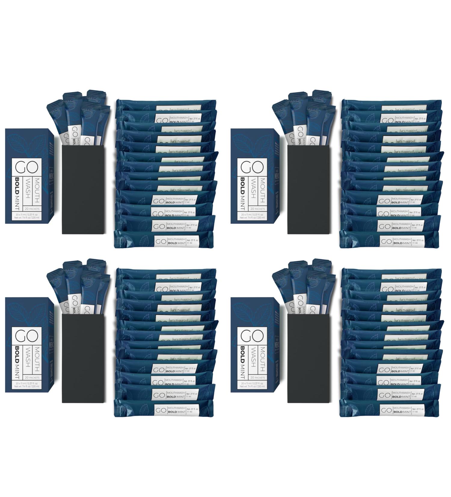 Go Mouthwash Bold Mint- Travel Size Mouthwash Packets - Individual Mini Mouthwash Packets for Fresh Breath - Perfect Travel Size Toiletries for Guest Bathrooms. 80 Packets