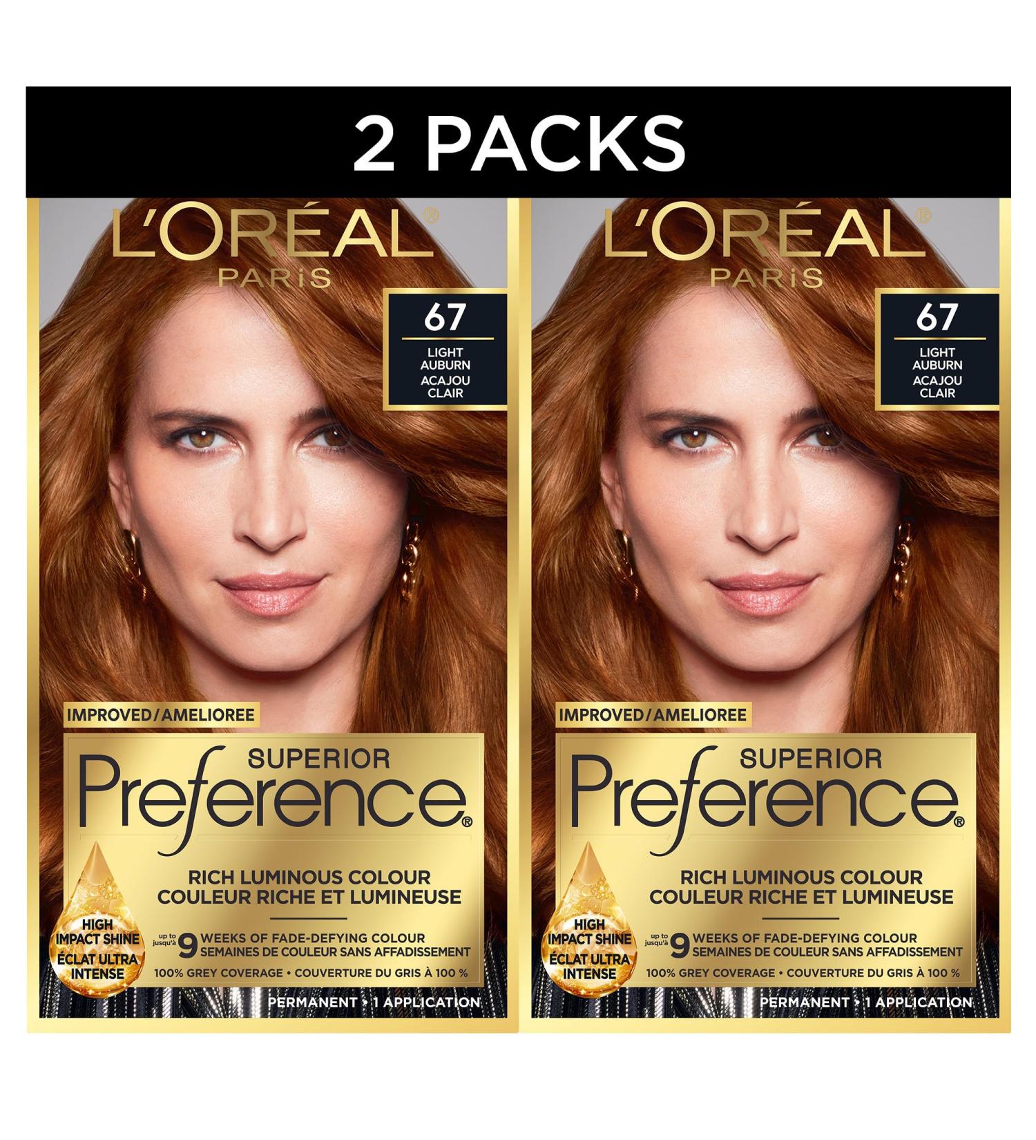 L'Oreal Paris Superior Preference Hair Dye Hair Color for Women 67 Light Auburn Hair Dye Permanent Hair Color 100% Grey Coverage 9 weeks of Luminous Fade-Defying 1 Hair Dye Kit (Pack of 2) (Packaging May Vary) Light Auburn Red - Buy Online on GoSupps.com