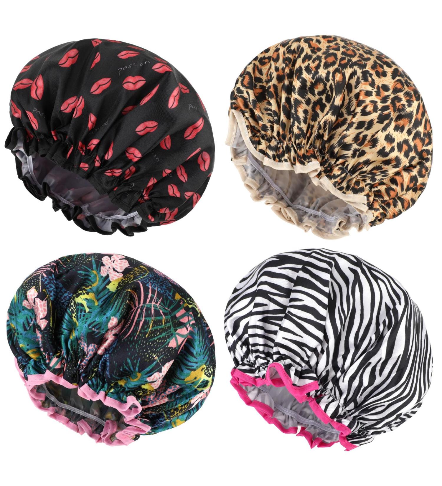 Abeillo 4 Packs Double Layer Shower Caps Reusable Bath Cap Waterproof Elastic Shower Hat Edge Covering Ears for Women Shower Spa Salon - Buy Online on GoSupps.com