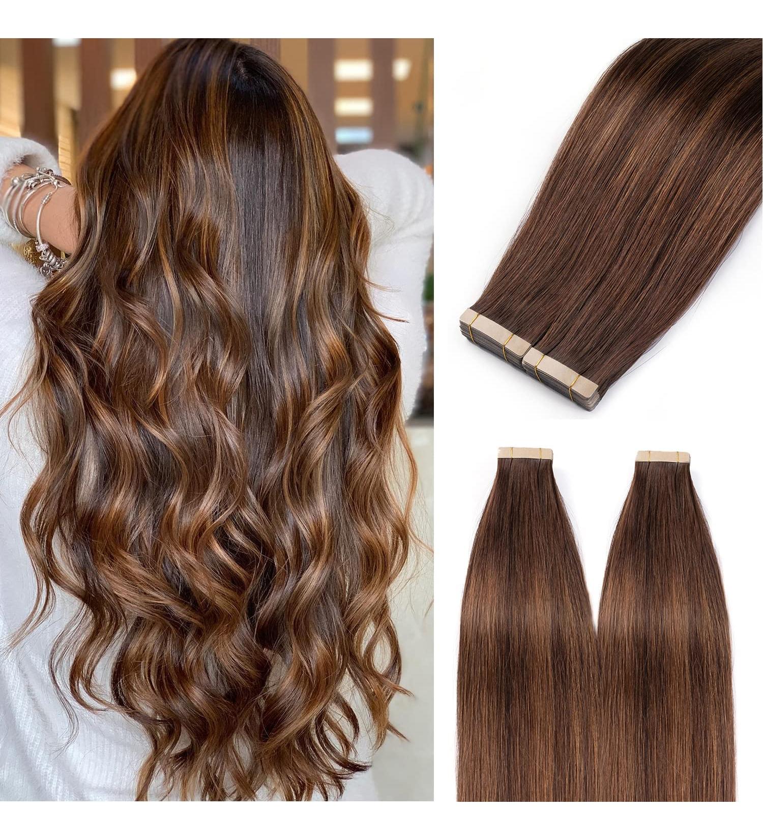 Hotlulana Tape In Extensions - 100% Real Hair Balayage Dark Brown & Chestnut Brown - 18 Inch (45cm) Skin Weft (20 Pack) - Buy Online on GoSupps.com