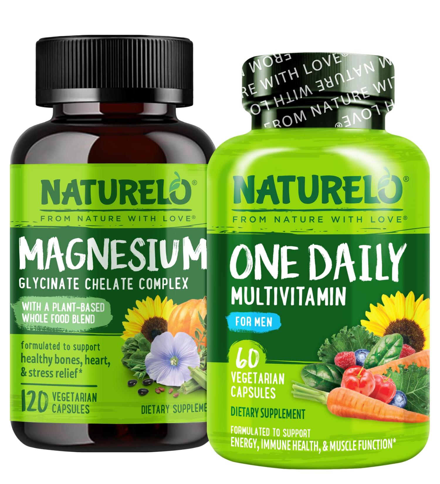 NATURELO One Daily Multivitamin for Men with Vitamins Minerals & Organic Whole Foods - 60 Capsules and Magnesium Glycinate Chelate Complex - 120 Capsules Bundle - Buy Online on GoSupps.com