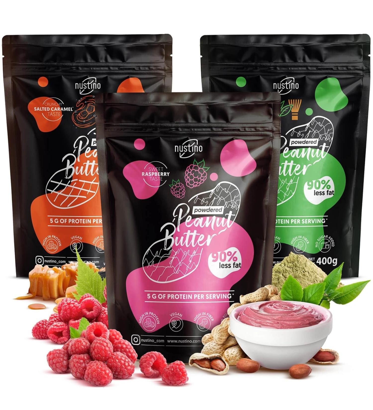 Nustino Lot de 3 beurres de cacahu te en poudre Framboise Caramel Sal & Matcha 3 400 g - Buy Online on GoSupps.com