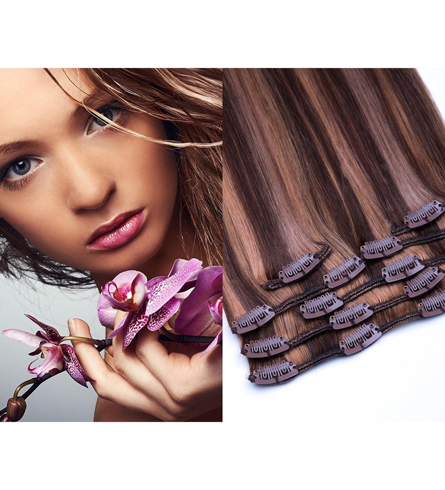 Cheap Clip-In Real Hair Extensions | Remy Hair 20 Clips 45cm - Chocolate Brown/Honey Blonde #4/27 - 100g - Buy Online on GoSupps.com
