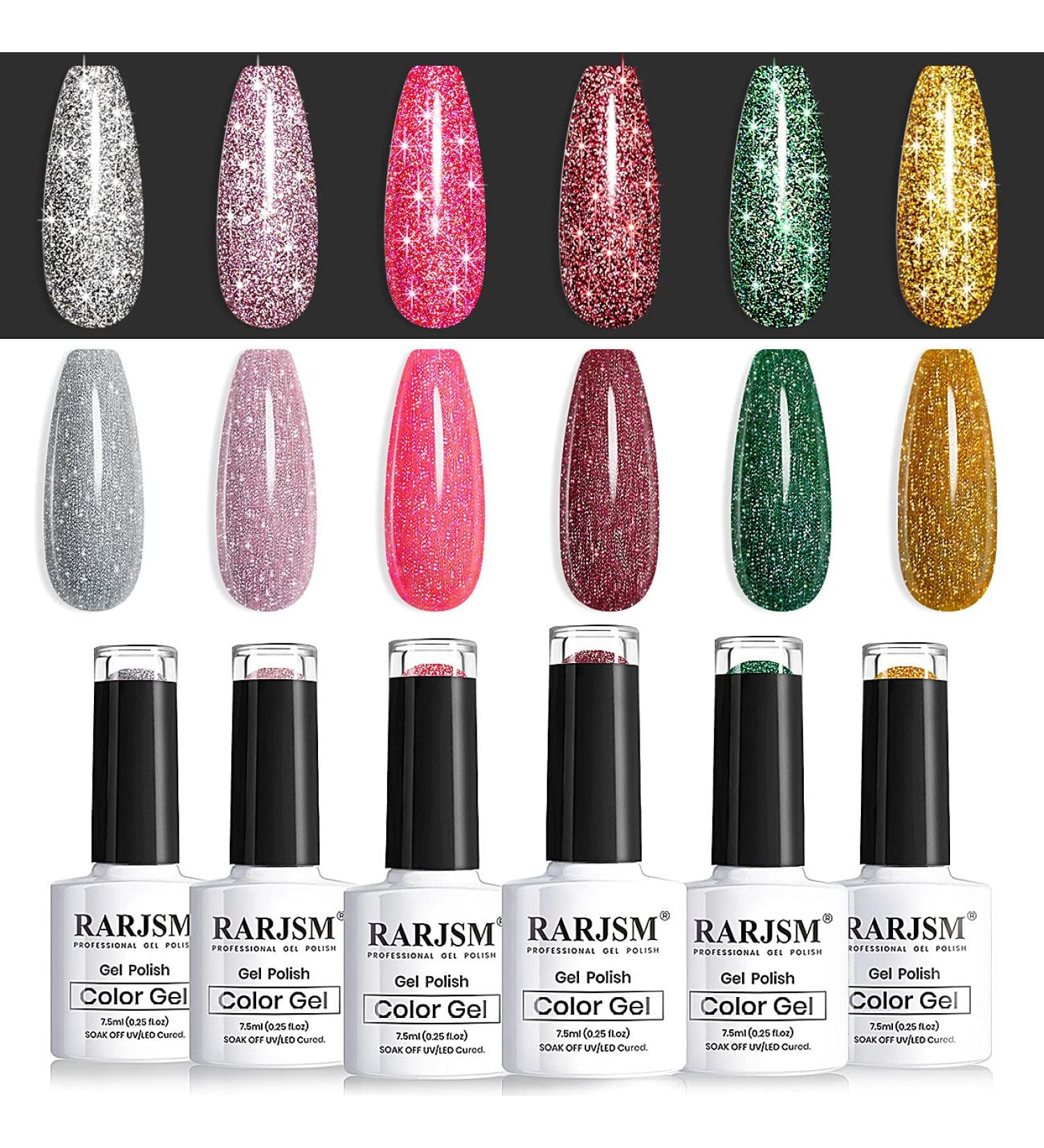 RARJSM Glitter Gel Nail Polish Set - 6PCS Reflective Shinny Gel Polish in Gold, Hot Pink, Green, Red, and Silver - Nail Art Varnish Manicure Kit with Diamond Sparkle - Gift Package Included - Buy Online on GoSupps.com