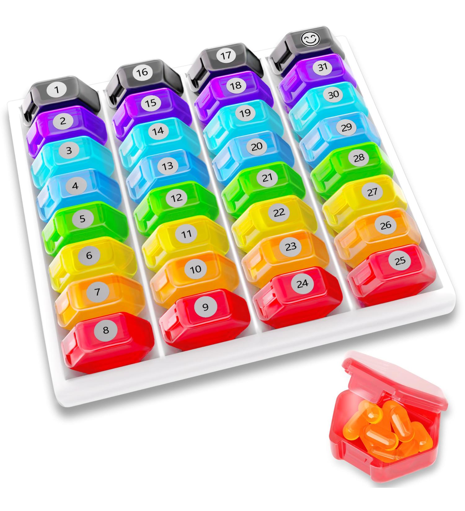 Monthly Pill Organizer - 30-Day Portable Pill Box with Labels for Vitamins Medicine & Supplements - One-Time-a-Day Rainbow Design - Buy Online on GoSupps.com