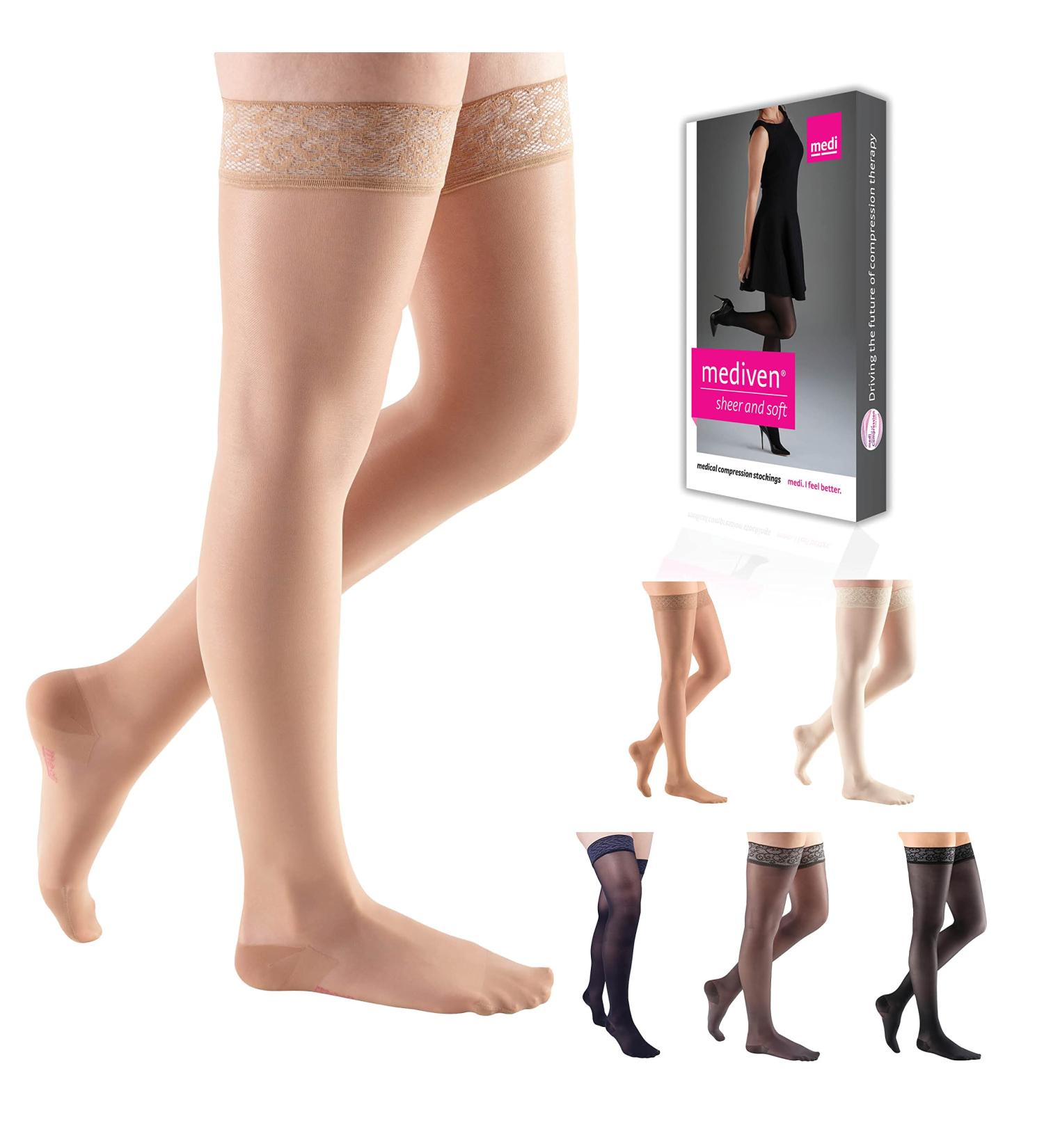 Shop Mediven Sheer & Soft Women's 30-40 mmHg Thigh High Compression Stockings - Lace Silicone Top Closed Toe Standard Natural II - Buy Online on GoSupps.com