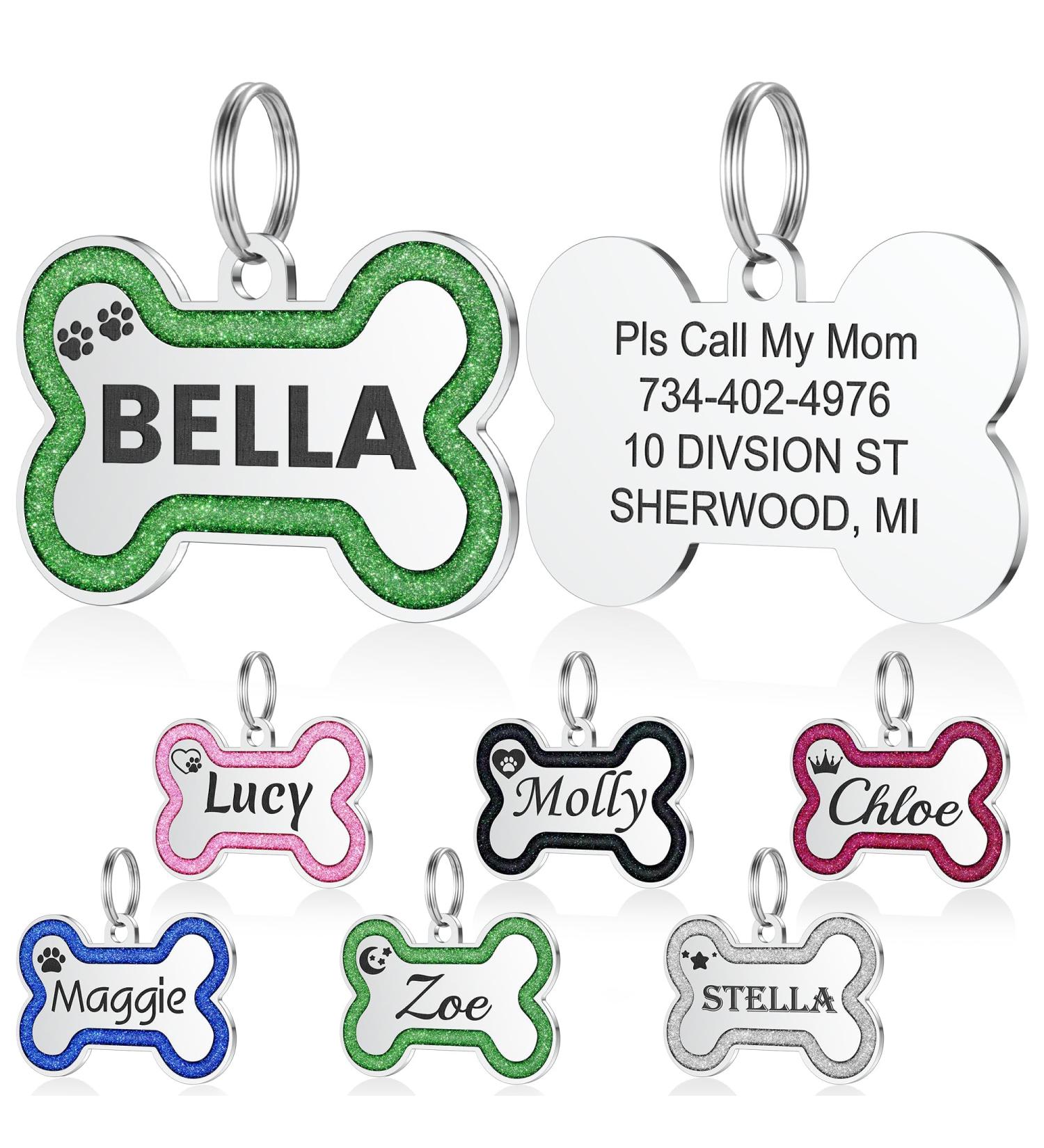 Yhananti Personalized Dog Tag - Engraved Glitter Bones Pendant for Small to Medium Dogs - Stainless Steel Custom Name & Contact Info (Green) - Buy Online on GoSupps.com