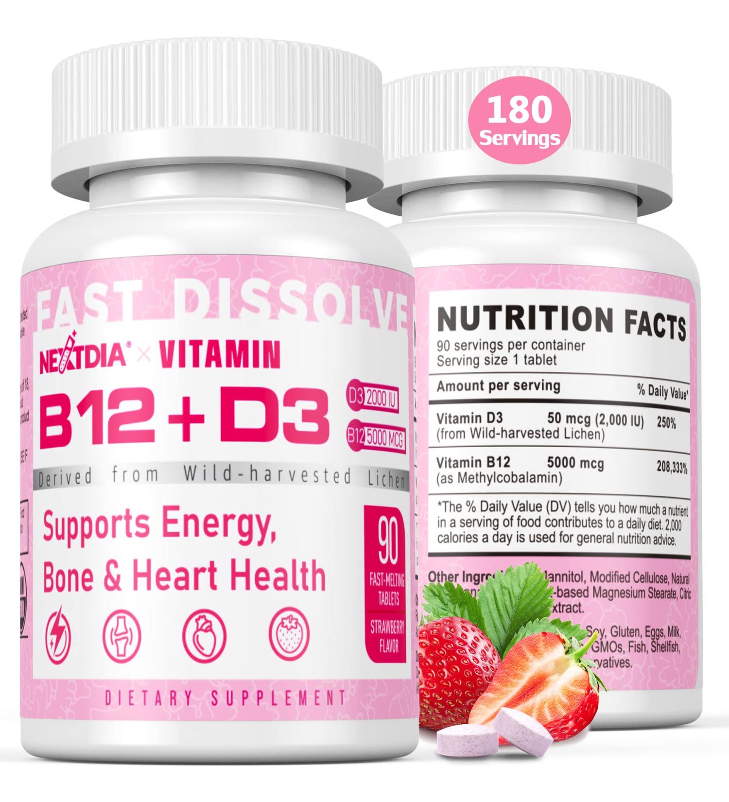 Vegan Strawberry Flavor Sugar-Free Vitamin B12 Methylcobalamin 5000 mcg + D3 2000 IU Sublingual Tablets - Energy Boost & Heart Health Support - 180 Tablets - Buy Online on GoSupps.com