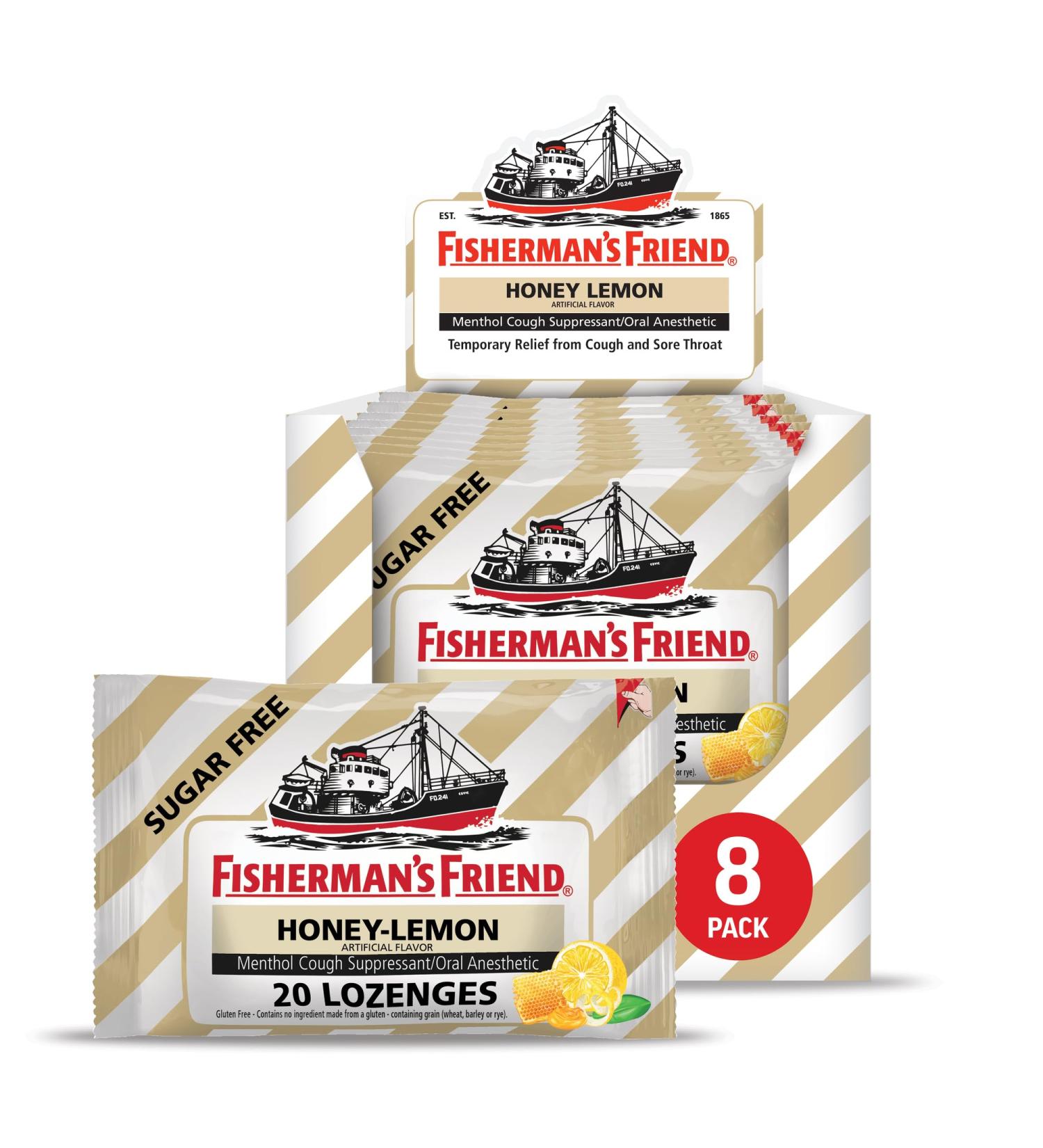 Fisherman's Friend Sugar Free Honey-Lemon Flavored Cough Lozenges (20 Drops x 8 Packs) 5.52mg Natural Menthol Soothing Relief from Sore Throat Persistent Cough & Everyday Irritation Yellow - Buy Online on GoSupps.com