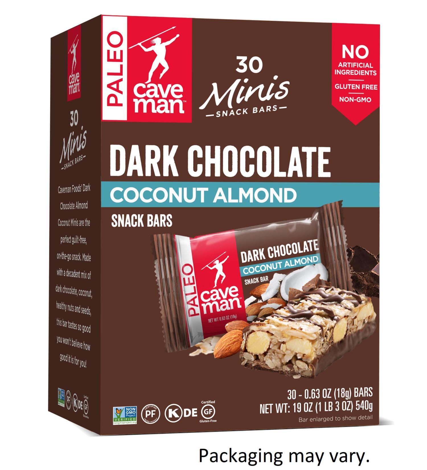 Caveman Foods Dark Chocolate Almond Coconut Mini Snack Bars - 30 Count - Buy Online on GoSupps.com
