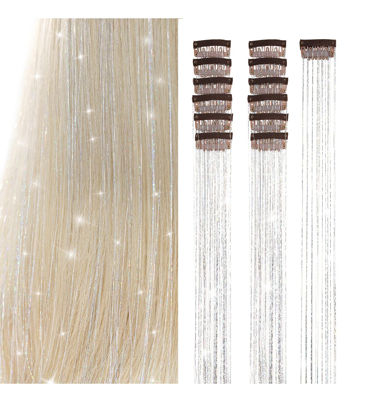 Silver Clip in Tinsel Hair Extensions 12Pcs Pack - 20.5 Inch Heat Resistant Fairy Hair Kit for Women & Girls - Glitter Extensions for Christmas Halloween Cosplay Party - Buy Online on GoSupps.com