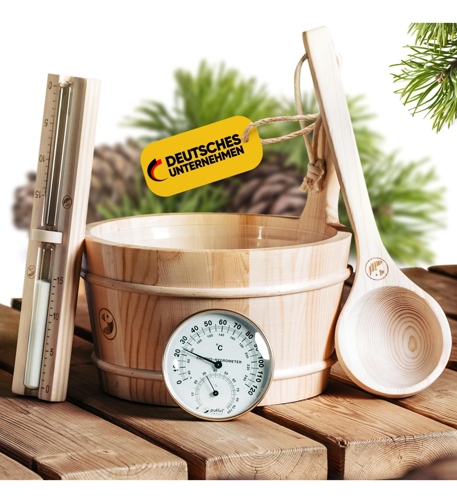 Puffin Health Sauna Accessories Set - Thermometer Hygrometer Hourglass & Infusion Bucket for Home Sauna - Buy Online on GoSupps.com