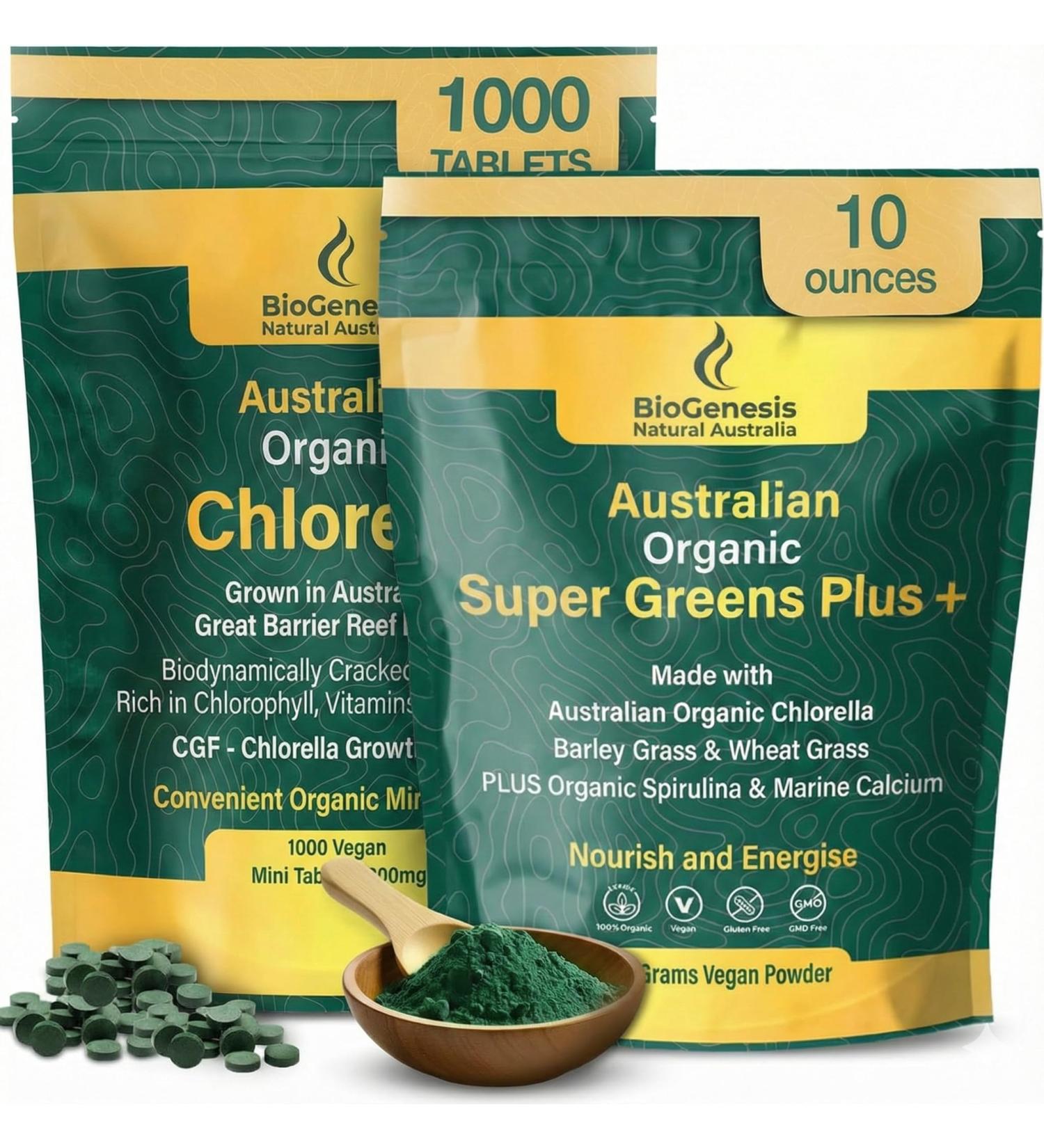 Biogenesis Australian Superfood Bundle Organic Chlorella Mini Tablets (1000 Count) & SuperGreens Plus Powder (300g) | Contains Spirulina Wheatgrass & Barley Grass | Daily Greens for Energy Detox & - Buy Online on GoSupps.com
