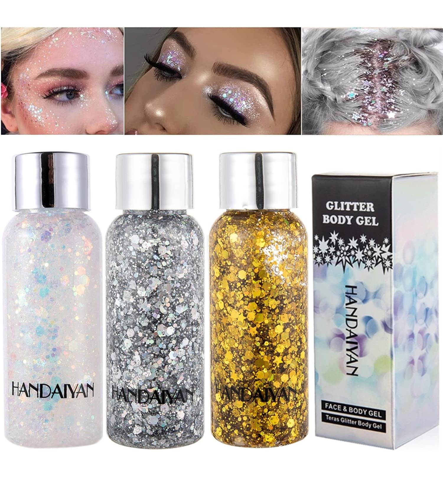 3 Pieces Body Glitter Gel - Shimmer Sequins & Chunky Glitter Liquid Eyeshadow for Festival Makeup | Face Hair & Body Sparkling (# Set C) - Buy Online on GoSupps.com
