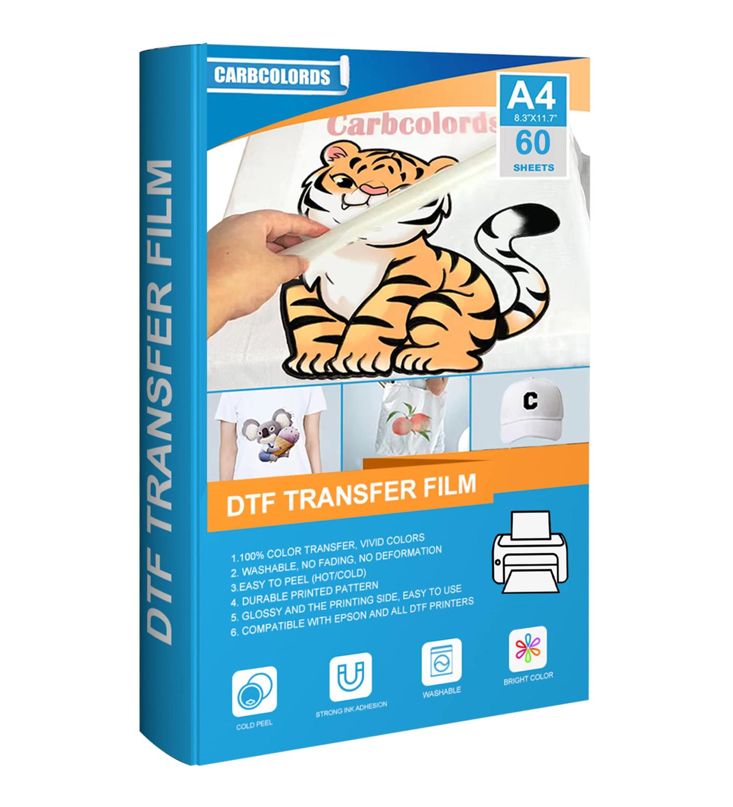 Carbcolords DTF Transfer Film - 60 Sheets A4 PET Clear PreTreat Heat Transfer Paper for T-Shirts - 60 PCS - Buy Online on GoSupps.com