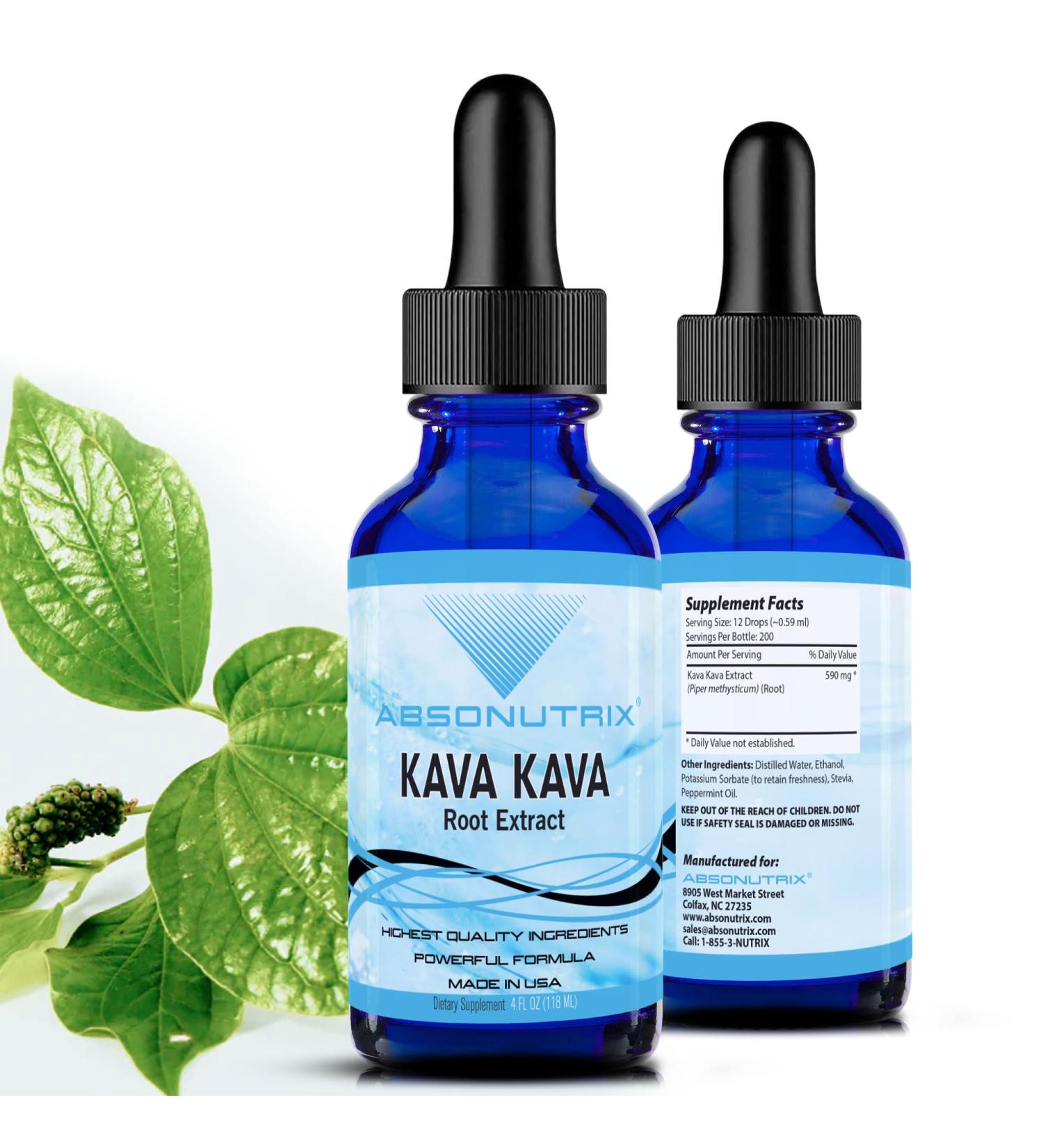 Absonutrix Kava Kava Root Extract Liquid Form 590 mg per serving 4 Oz Made in USA Quick Absorption Quality Potent Ingredients Non-GMO GMP Certified Facility Cruelty-Free Products - Buy Online on GoSupps.com