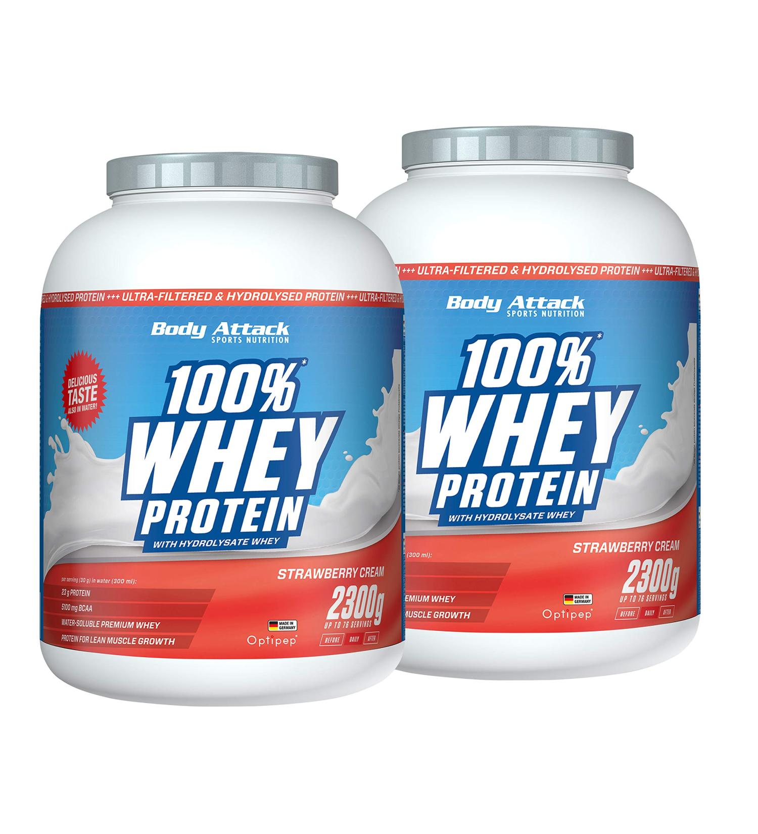 Buy Body Attack 100% Whey Protein Strawberry 2x2.3kg - Premium German Protein Powder with Hydrolysate & BCAAs for Muscle Building - Ideal for Athletes - International Shipping Available - Buy Online on GoSupps.com