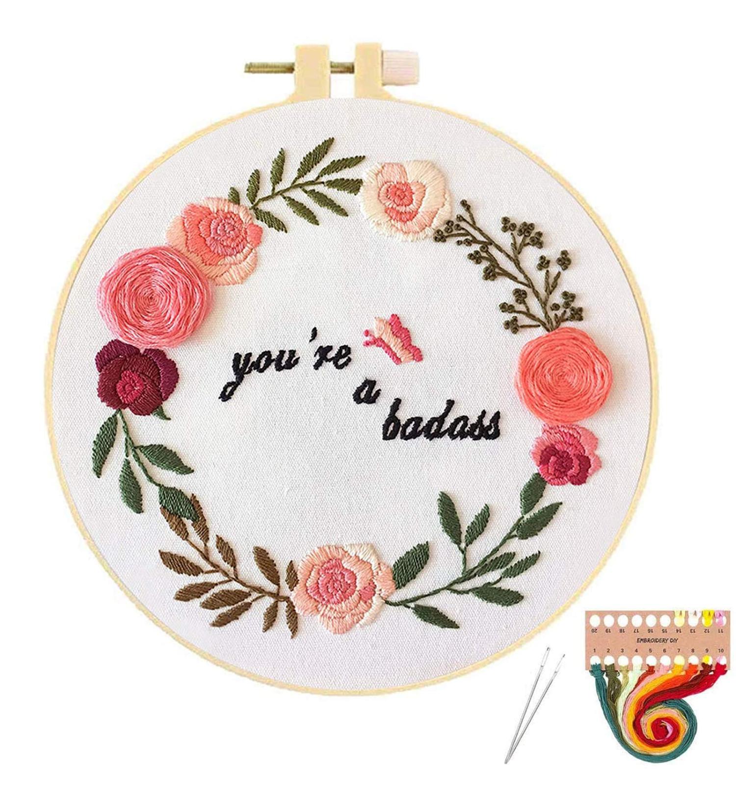Funny Embroidery Kit for Beginners - Stamped Cross Stitch Kit for Adults - Needlepoint Hoops with Colorful Flowers, Plants, and Cactus Design in Pink - Buy Online on GoSupps.com