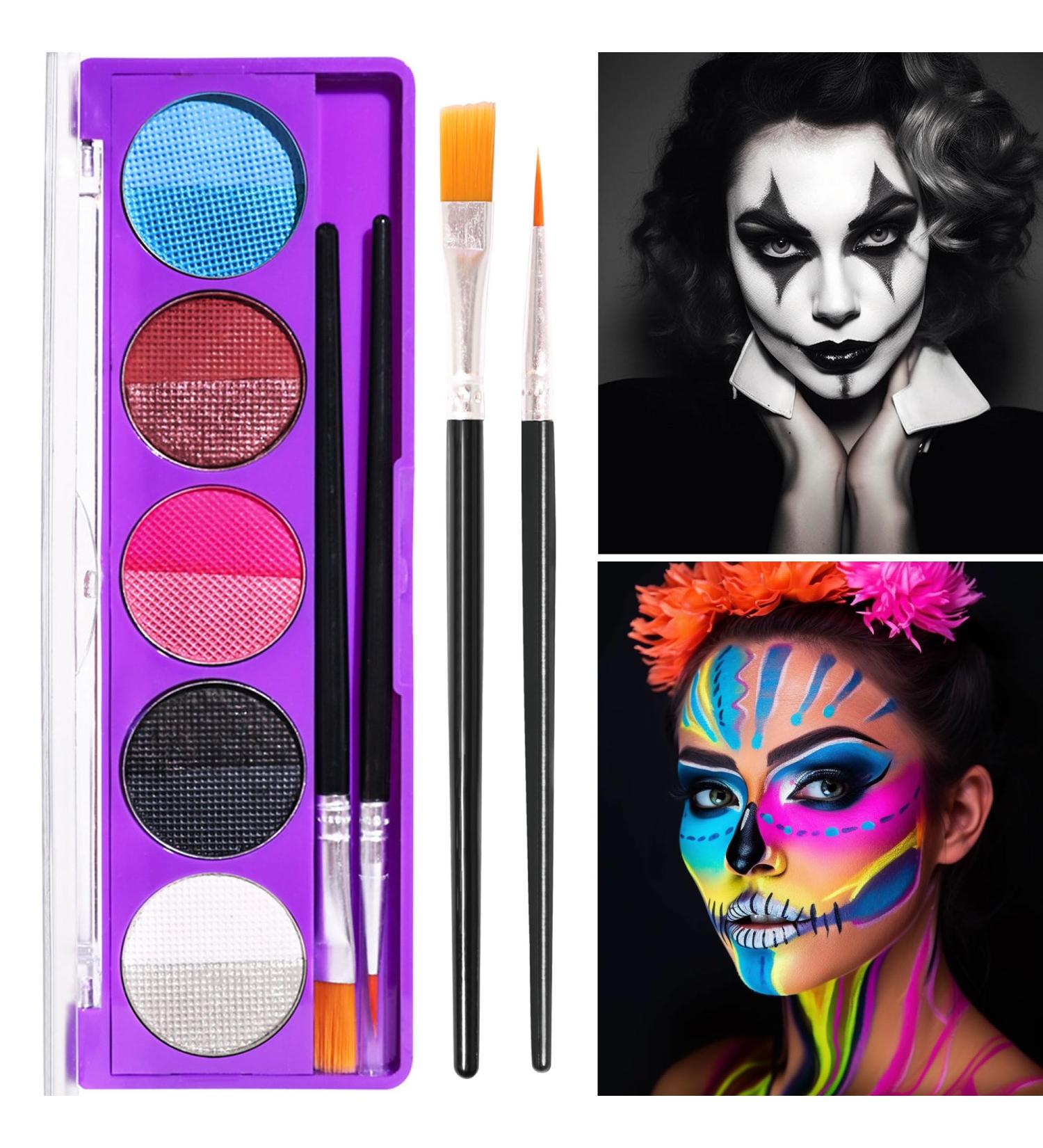 Glow Under UV Blacklight Face Paint - 10 Bright Colors Metallic Neon Palette Water-Based Makeup for Parties & Halloween - Includes Brushes for Kids & Adults - Buy Online on GoSupps.com