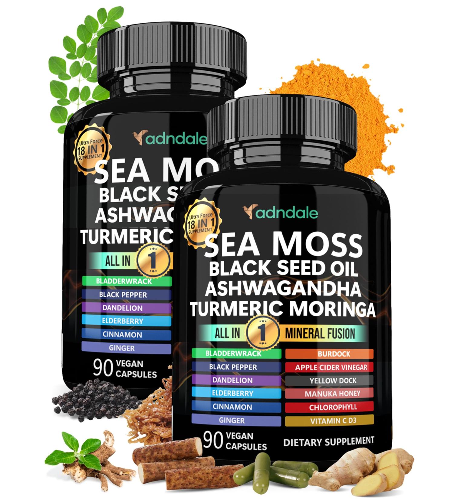 Adndale Sea Moss Black Seed Oil Ashwagandha Ginger Capsules Sea Moss Capsules with Black Seed Oil Ashwagandha Turmeric Moringa Bladderwrack Burdock Root Manuka Honey Cinnamon 180 Count SeaMoss 90 Count (Pack of 2) - Buy Online on GoSupps.com