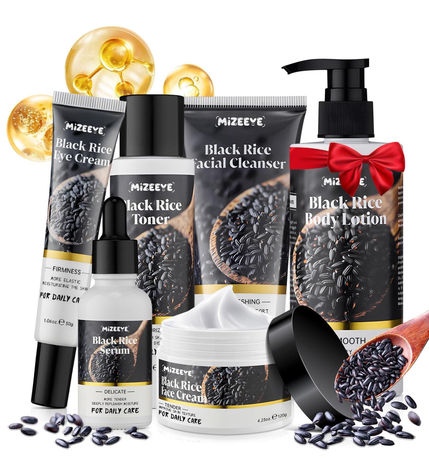 Natural Black Rice Skin Care Routine Set For Women Anti Aging Face Kit With Face Wash Toner Serum Body Lotion Cream Eye Cream 6 PCS Skin Care Gift Set For All Skin Types Acne Fine Lines Skincare Set 6 PCS - Buy Online on GoSupps.com