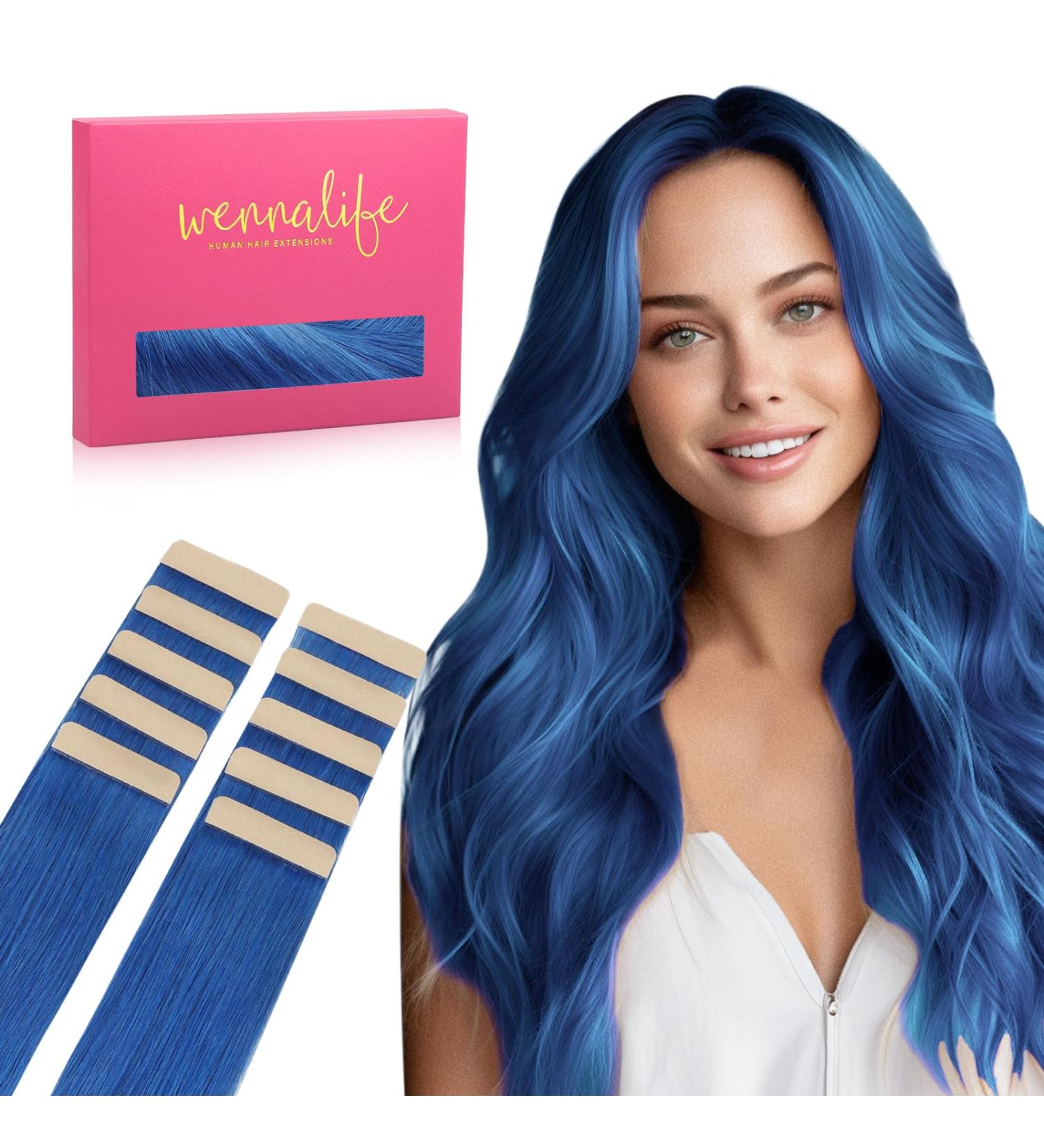 High-Quality Blue Tape-In Hair Extensions - 10pcs Real Hair 25g 35cm | Invisible Smooth Highlight Extensions for Girls - Buy Online on GoSupps.com