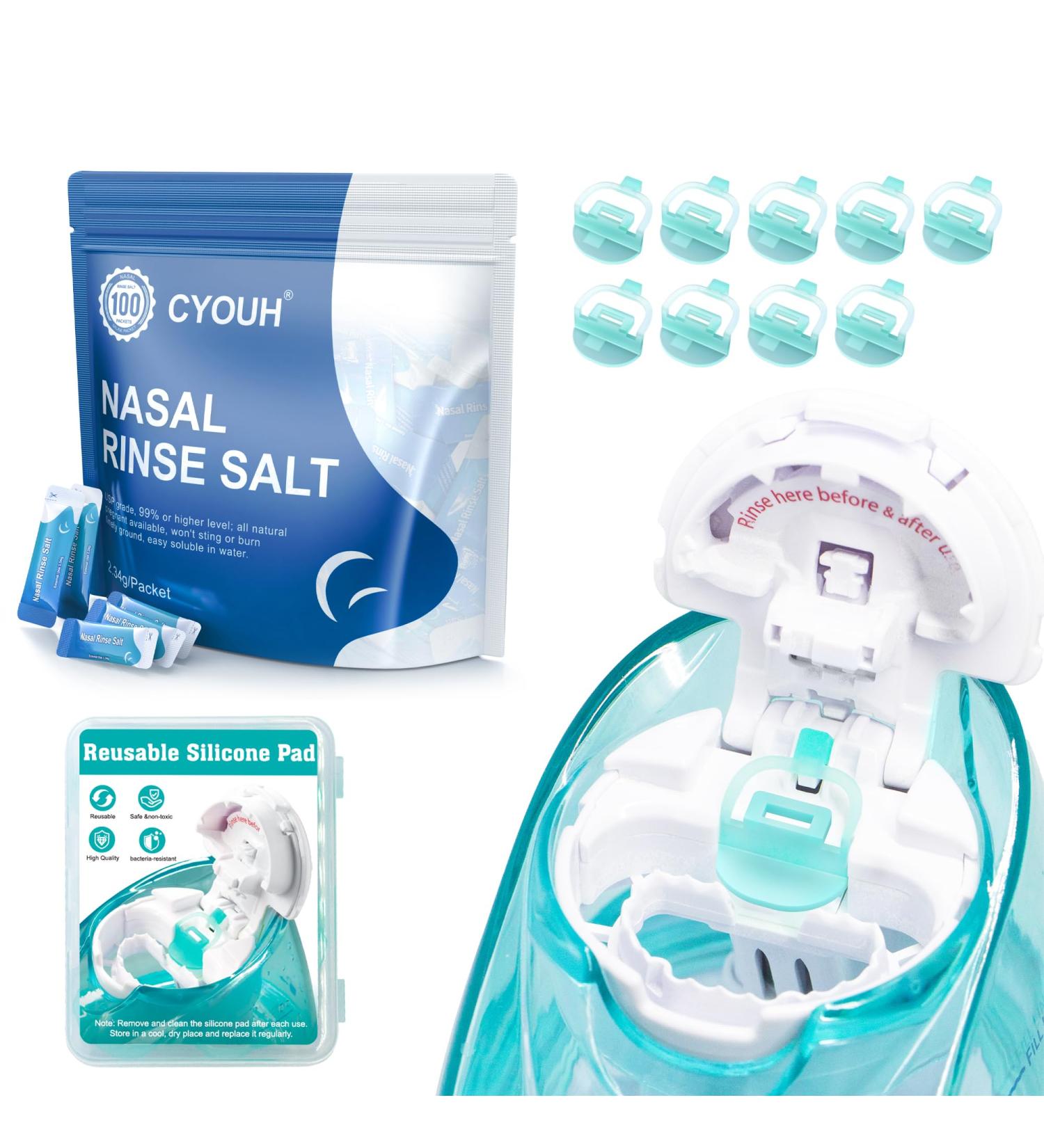 CYOUH 100pcs Salt Saline Packets + 9 PCS Silicone Pads Neti Pot Sinus Nasal Wash Rinse 2.34g Salt Packets Refills Accessories for Substitute Saline Pods - Buy Online on GoSupps.com