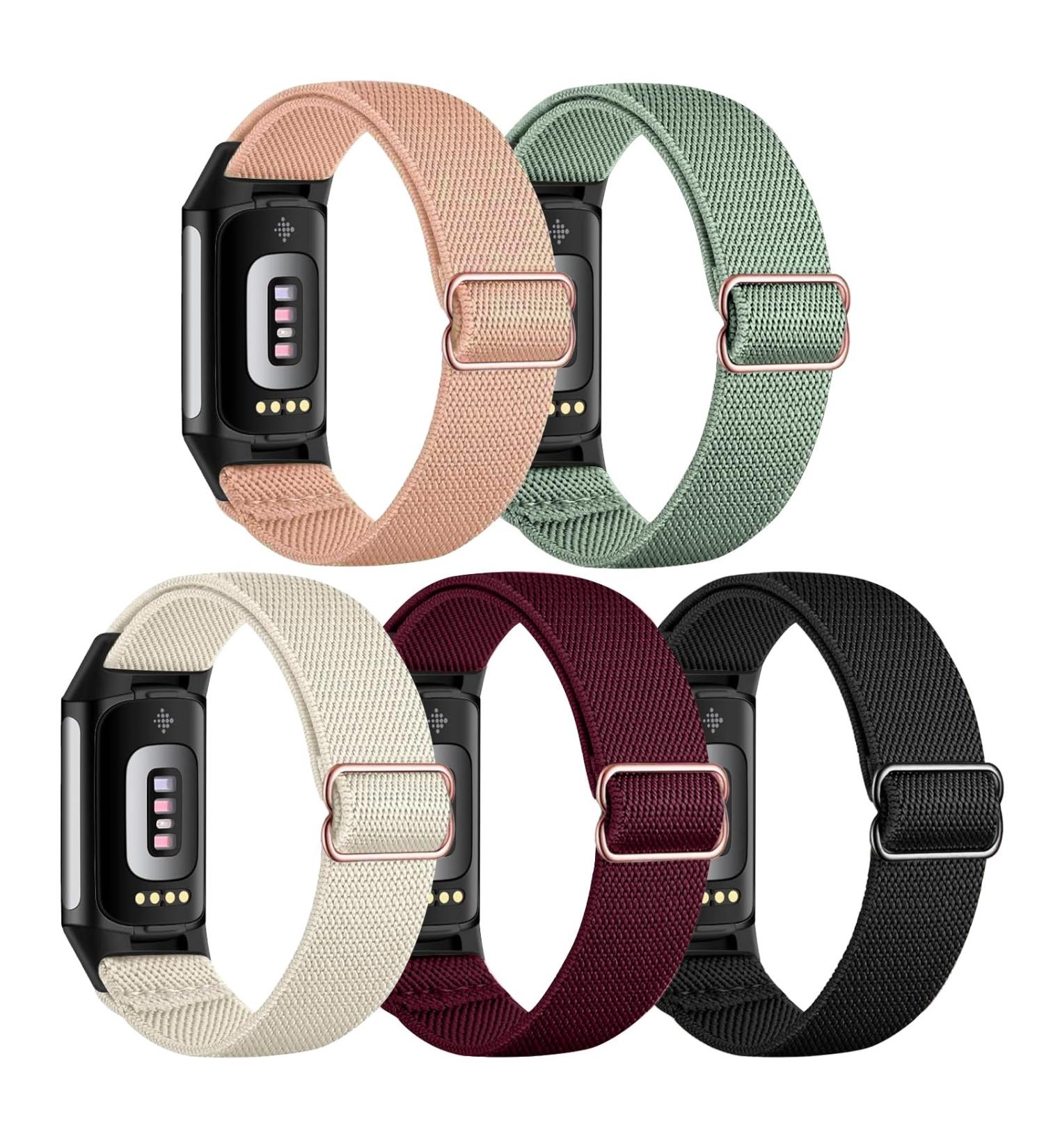 Gugobit 5-Piece Elastic Bracelet for Fitbit Charge 6 & 5 - Adjustable & Breathable Nylon Replacement Bands for Men & Women - Hellrosa Wine Red Polar Star Black - Buy Online on GoSupps.com