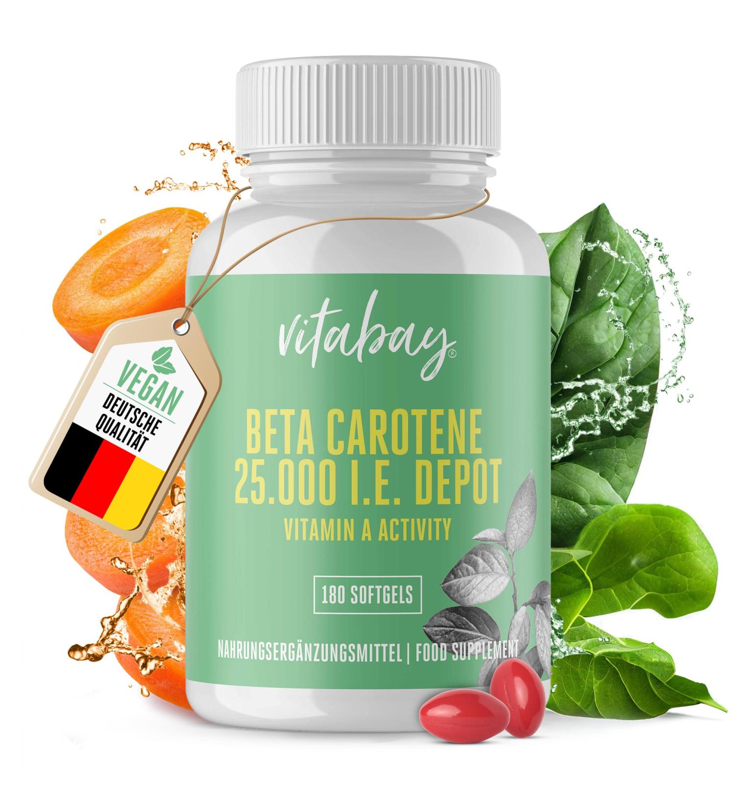 VITABAY Beta Carotene Depot Capsules - 180 Vegan Softgels 25 000 I.E for Enhanced Tanning & Vitamin A Boost - Buy Online on GoSupps.com