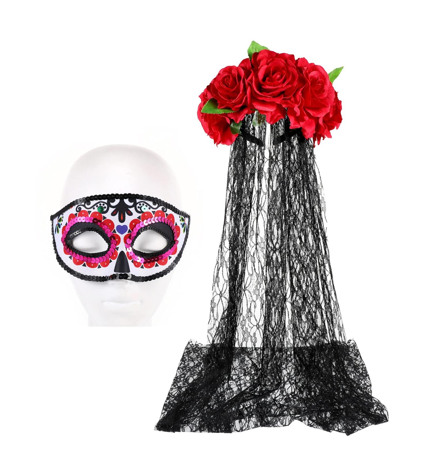 FRCOLOR Mexican Rose Floral Crown Veil with Mask Women Costume for Halloween Party - Buy Online on GoSupps.com