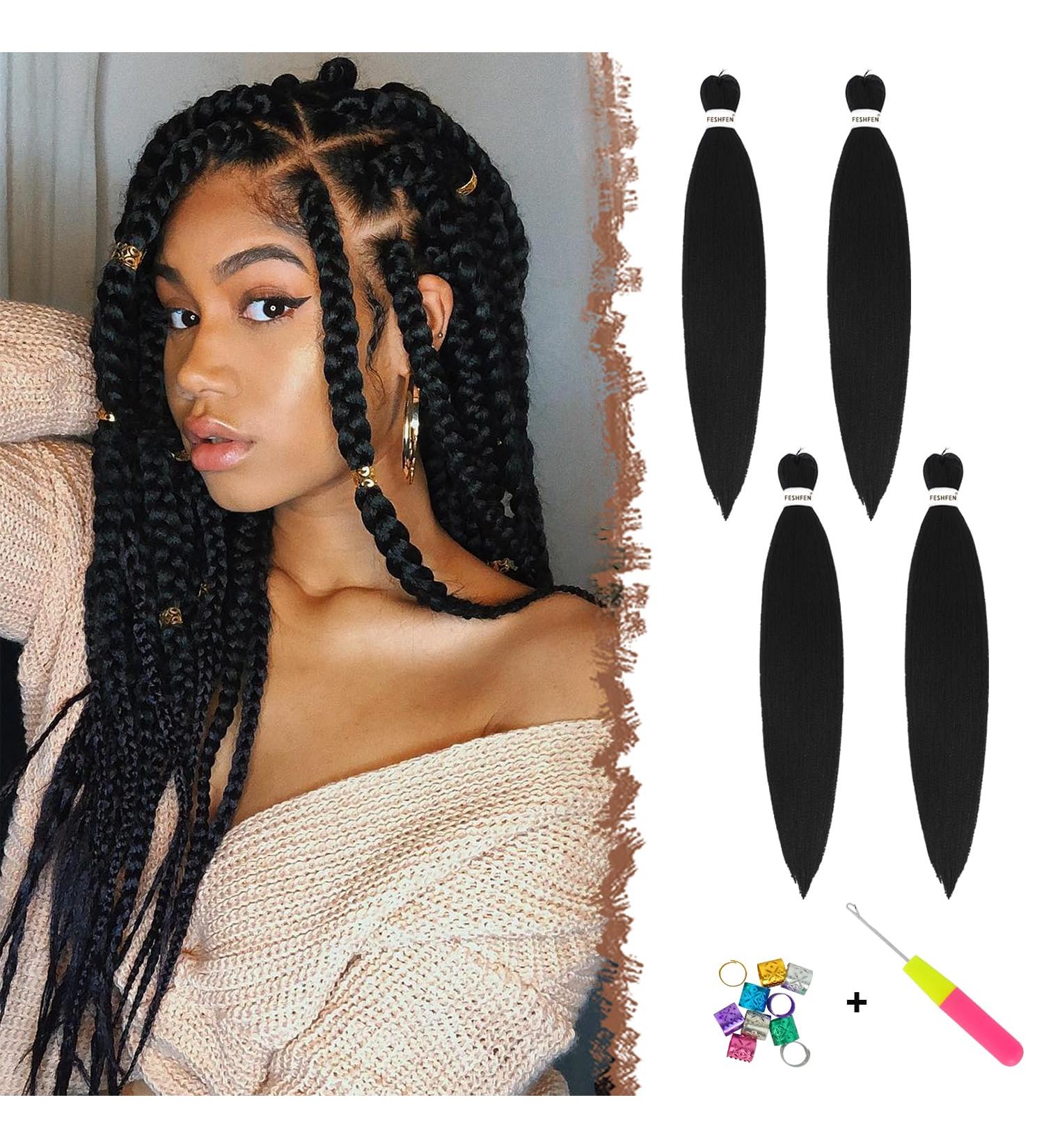 Feshfen Pre-Stretched Braiding Hair Extensions - 65 cm 4 Packs | Yaki-Textured Synthetic Hair for Easy Braids | Black - Buy Online on GoSupps.com