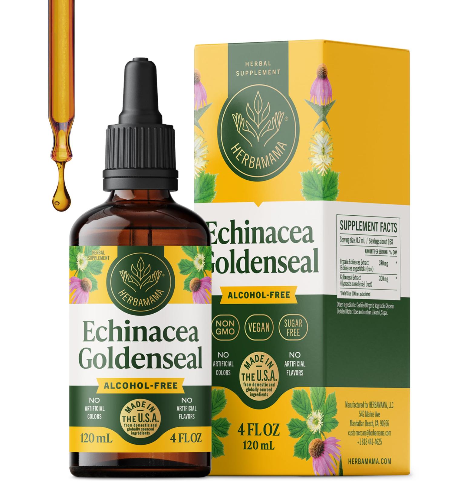 HERBAMAMA Echinacea Goldenseal Tincture - Vegan Immune & Respiratory Support with Echinacea and Goldenseal Root Extract - Non-GMO, Alcohol & Sugar-Free Supplement, 56-Day Supply 4 Fl Oz (Pack of 1) - Buy Online on GoSupps.com