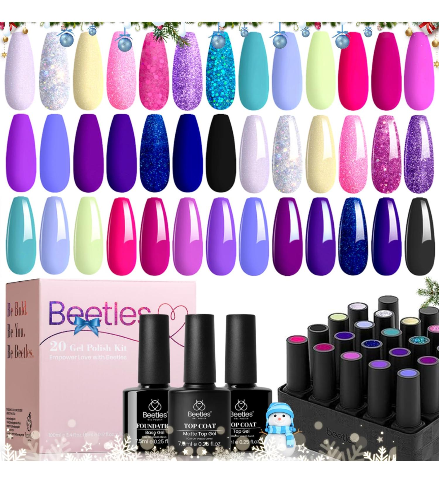Beetles 23 Pcs Midnight Euphoria Gel Nail Polish Collection with Glitter Pink Shades - Soak Off, Top Coat, Base Coat & 6 Glitter Nail Brushes - Perfect Nails Gifts for Women & Girls - Buy Online on GoSupps.com