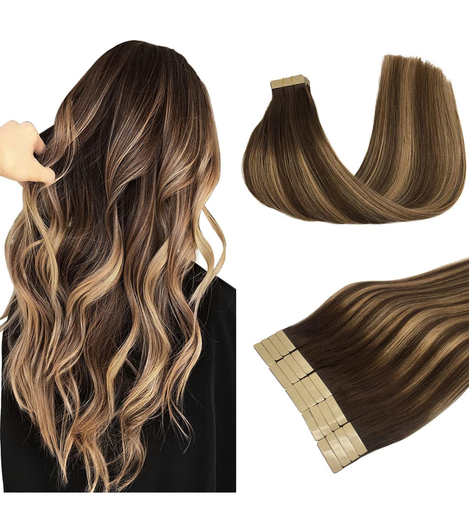 DOORES 50g Tape in Remy Balayage Chocolate Brown to Caramel Blonde Hair Extensions - 20pcs 16 Inch - Buy Online on GoSupps.com