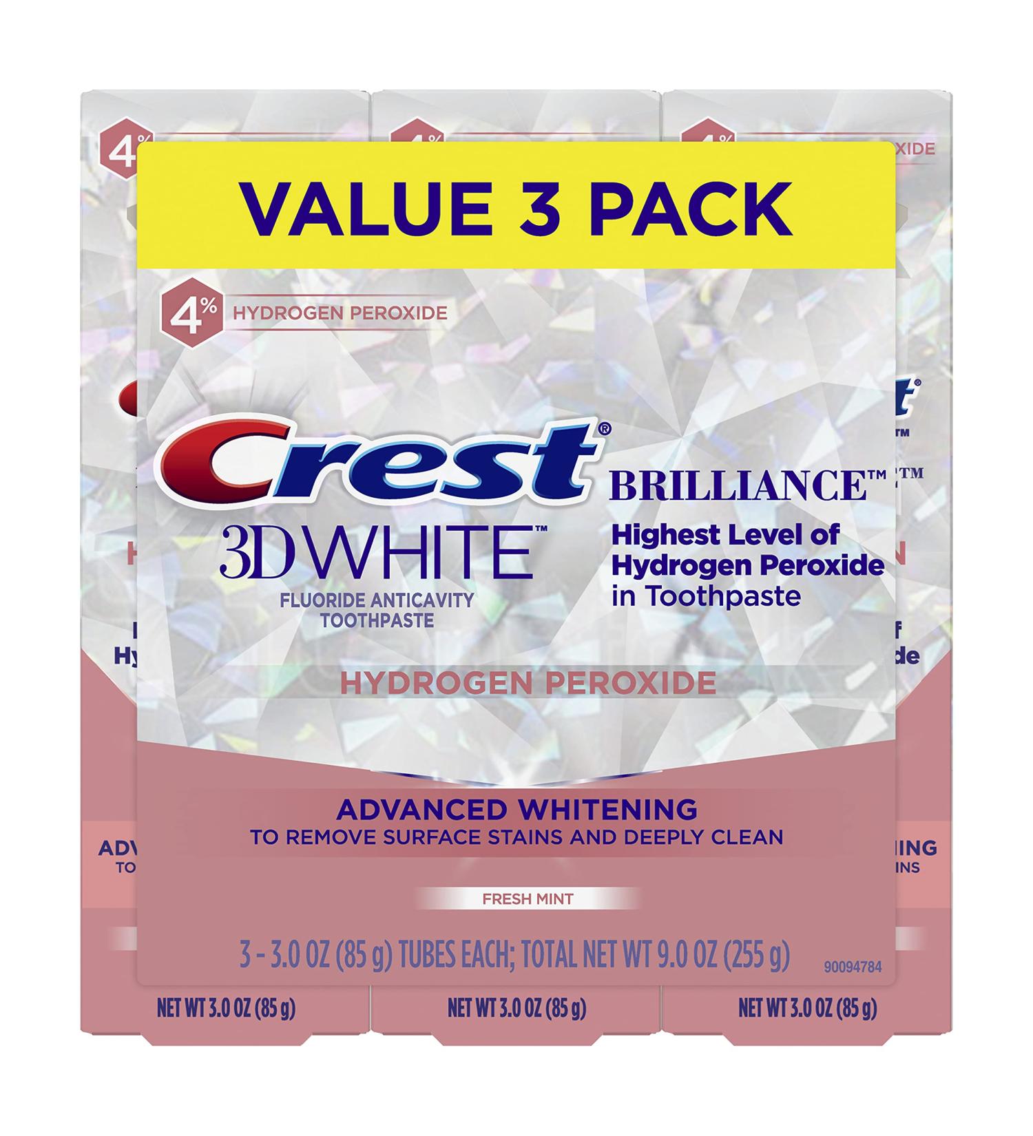 Crest 3D White Brilliance Hydrogen Peroxide Toothpaste with Fluoride 3oz - 3 Pack - Buy Online on GoSupps.com