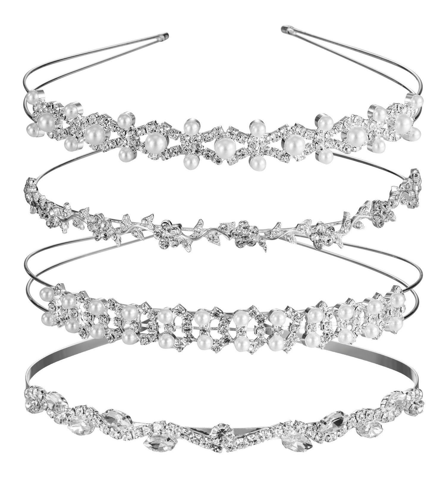 Rhinestone Wedding Headband Set - Crystal Flower Girl Crown Tiara for Bride & Bridesmaids - Faux Pearl Headdress for Wedding Party - Buy Online on GoSupps.com