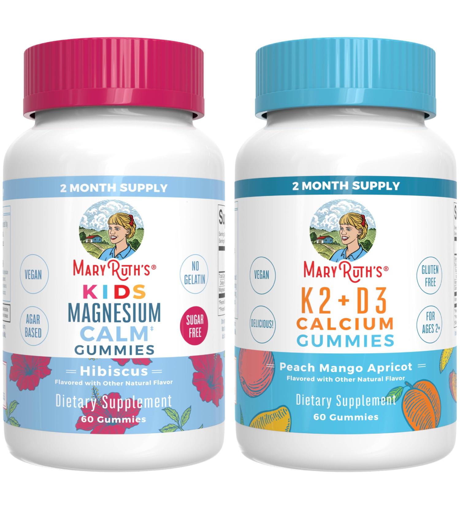MaryRuth's Kids Magnesium Calm Gummies (Hibiscus) & Vitamin K2+D3 Gummies (Peach Mango & Apricot) | No Gelatin! | Vitamins for Sleep Bone Support & Overall Health | Vegan Non-GMO Gluten Free - Buy Online on GoSupps.com