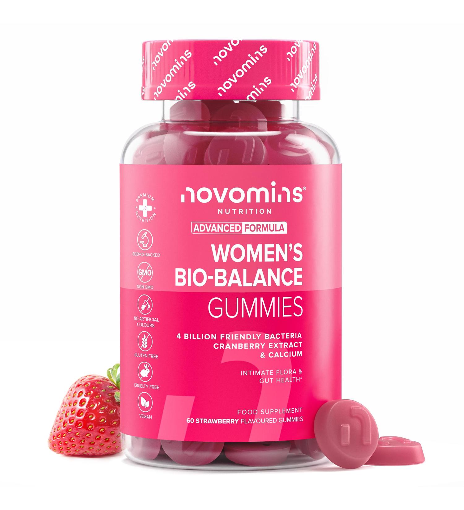 Probiotique Flore Intime pour Femme - Gummies Probiotiques pour l'Intestin des Femmes - avec Calcium et Canneberge - 4 Milliards de Bonnes Bact ries - 60 Gummies Flore Intime - Bio Balance - Novomins - Buy Online on GoSupps.com